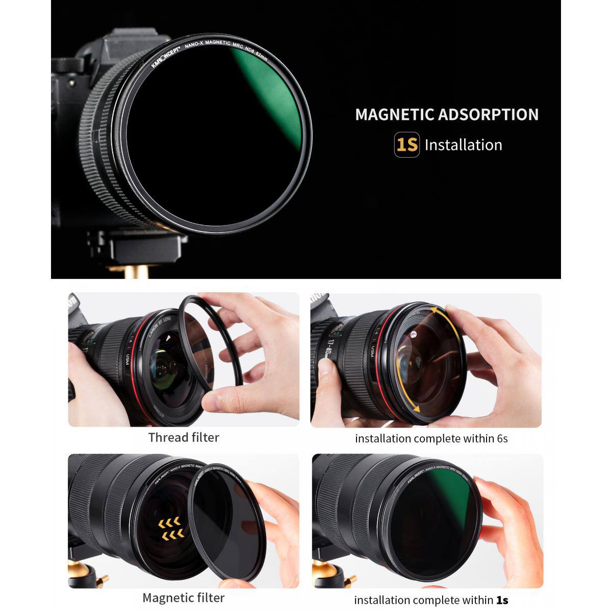 MAGNETIC ADSORPTION  
1s Installation

Thread filter  
installation complete within 6s

Magnetic filter  
installation complete within 1s
