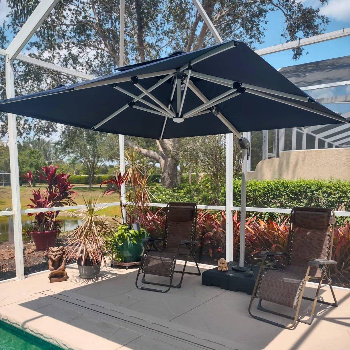 Angle. PURPLE LEAF - 9' X 12' Patio Rectangle Aluminum Solar Powered LED Cantilever Outdoor Offset Umbrella with Base for Garden Deck Pool - Navy Blue.