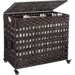 Hivvago - PP Rattan 3-Basket Laundry Hamper Sorter Cart with Removable Cotton Bags - Brown