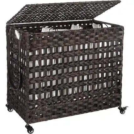 Front. Hivvago - Brown PP Rattan 3-Basket Laundry Hamper Sorter Cart with Removable Cotton Bags - Brown.