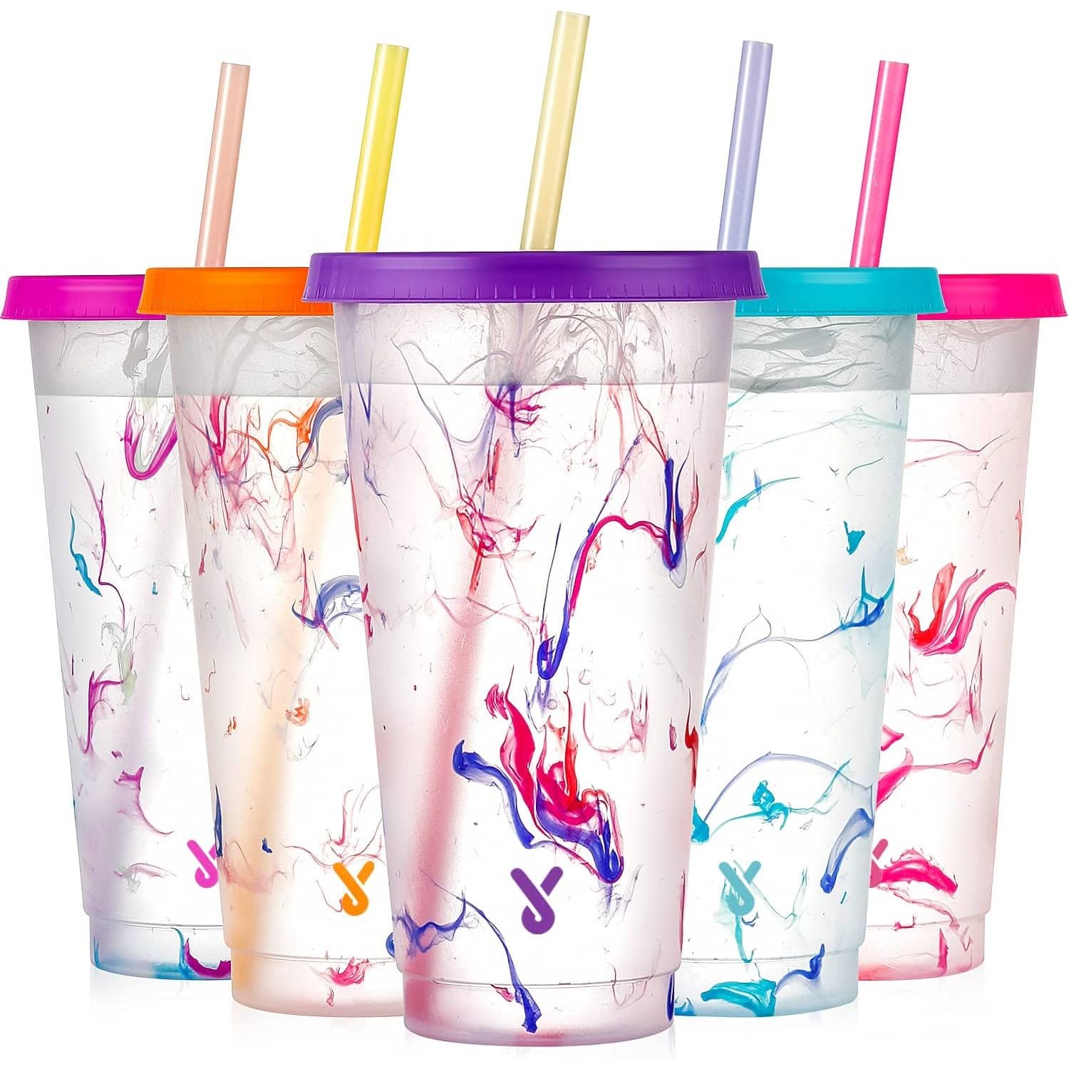 PARKER SLATER - 5-pack 24oz color changing cold cups with lids and straws, reusable plastic tumblers for parties, kids, women - Swirl