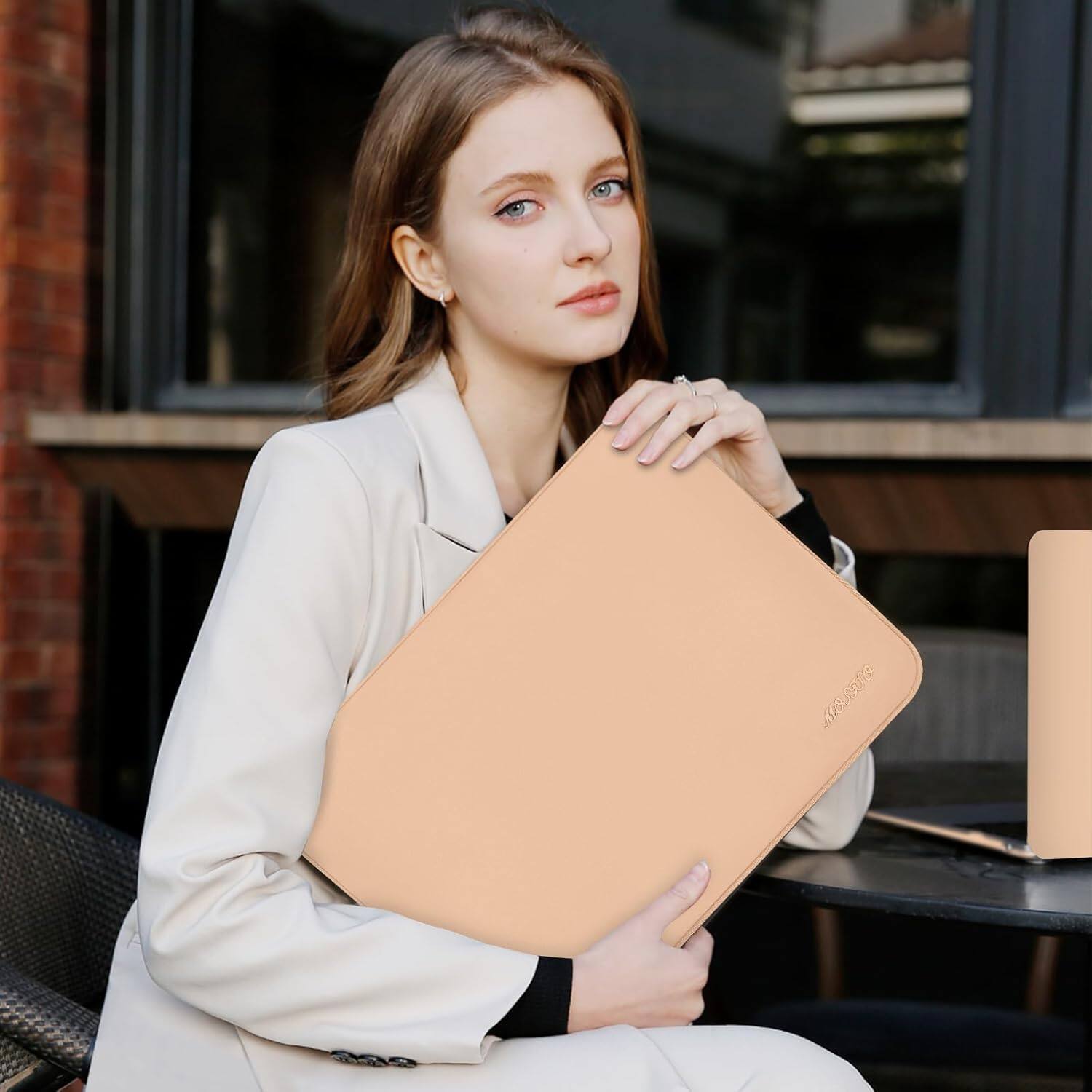 Alt View 1. mosiso - 13-13.3 inch Laptop Sleeve Bag for MacBook Air Pro 13 14 HP Dell ASUS Lenovo, Neoprene Computer Sleeve with Small Case - Peach Fuzz.