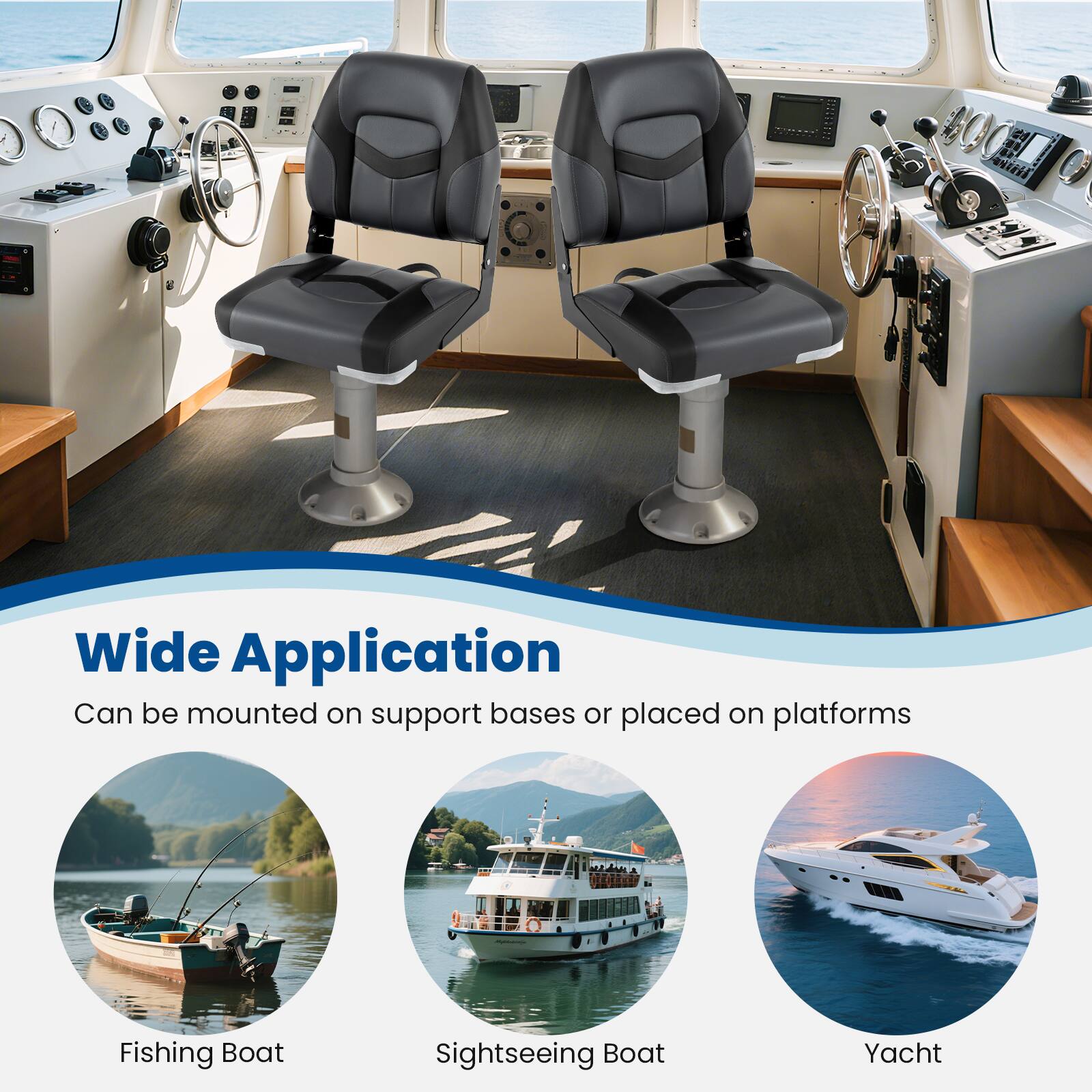 Wide Application  
Can be mounted on support bases or placed on platforms  

Fishing Boat  
Sightseeing Boat  
Yacht