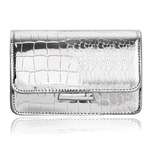 Front. DORLUKFU - Small Crossbody Purse Bag for Women，Y2K Cute Metallic Croc-Embossed Handbag with Chain Strap - Large Silver.