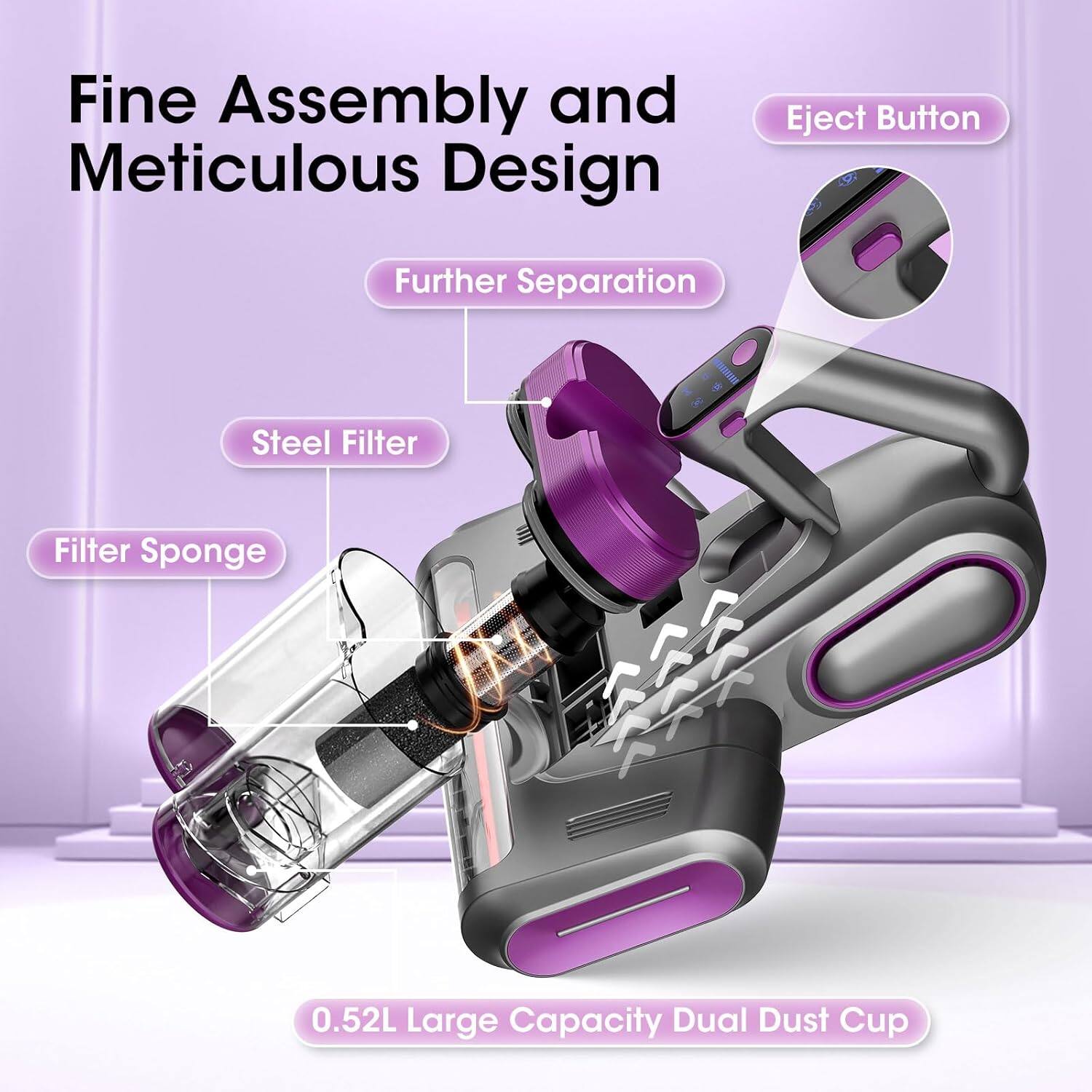 Fine Assembly and Meticulous Design  
Eject Button  
Further Separation  
MSIO Steel Filter  
Filter Sponge  
0.52L Large Capacity Dual Dust Cup