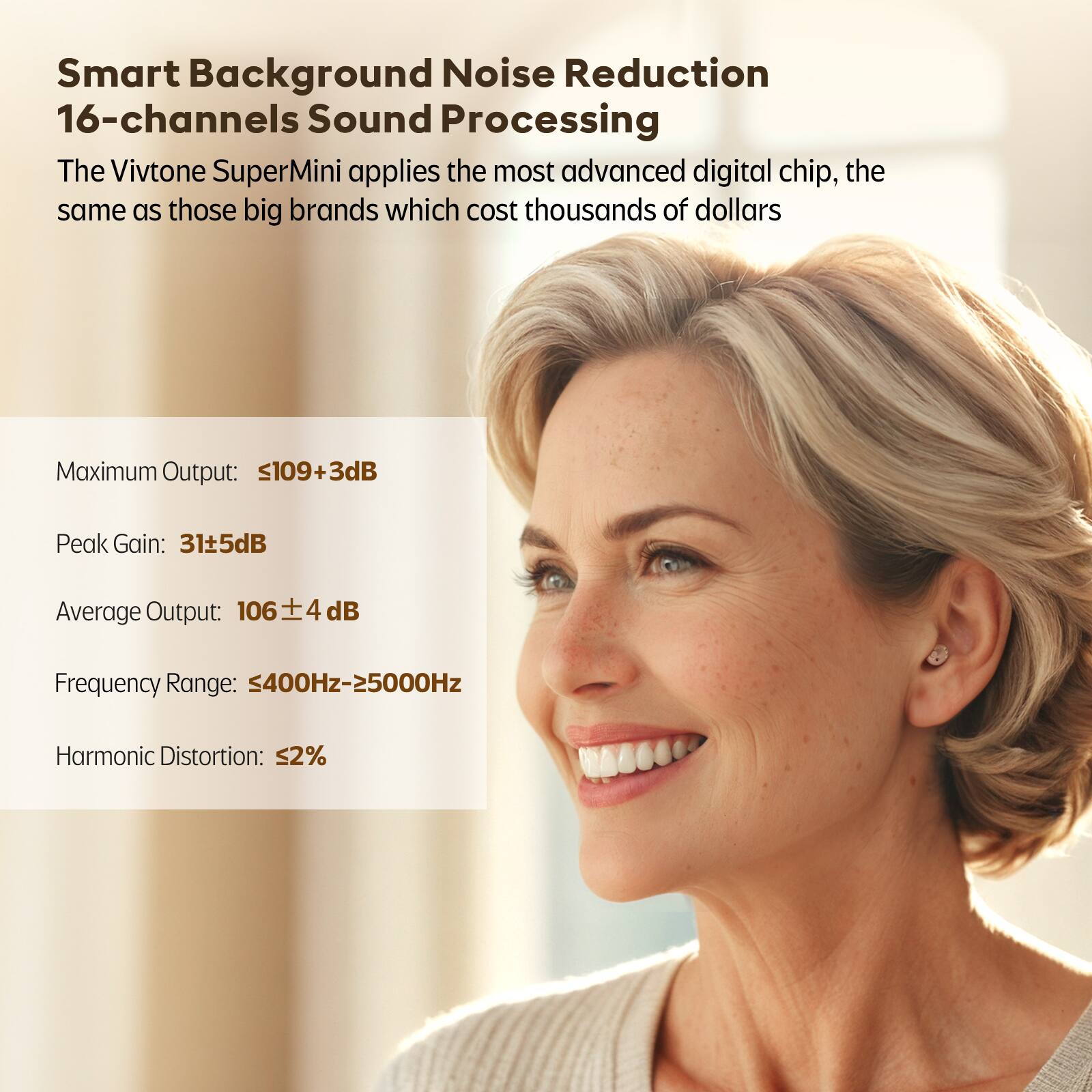 Smart Background Noise Reduction 16-channels Sound Processing
The Vivtone SuperMini applies the most advanced digital chip, the same as those big brands which cost thousands of dollars
Maximum Output: 109+3dB
Peak Gain: 31+5dB
Average Output: 106±4 dB
Frequency Range: 400Hz-5000Hz
Harmonic Distortion: ≤2%