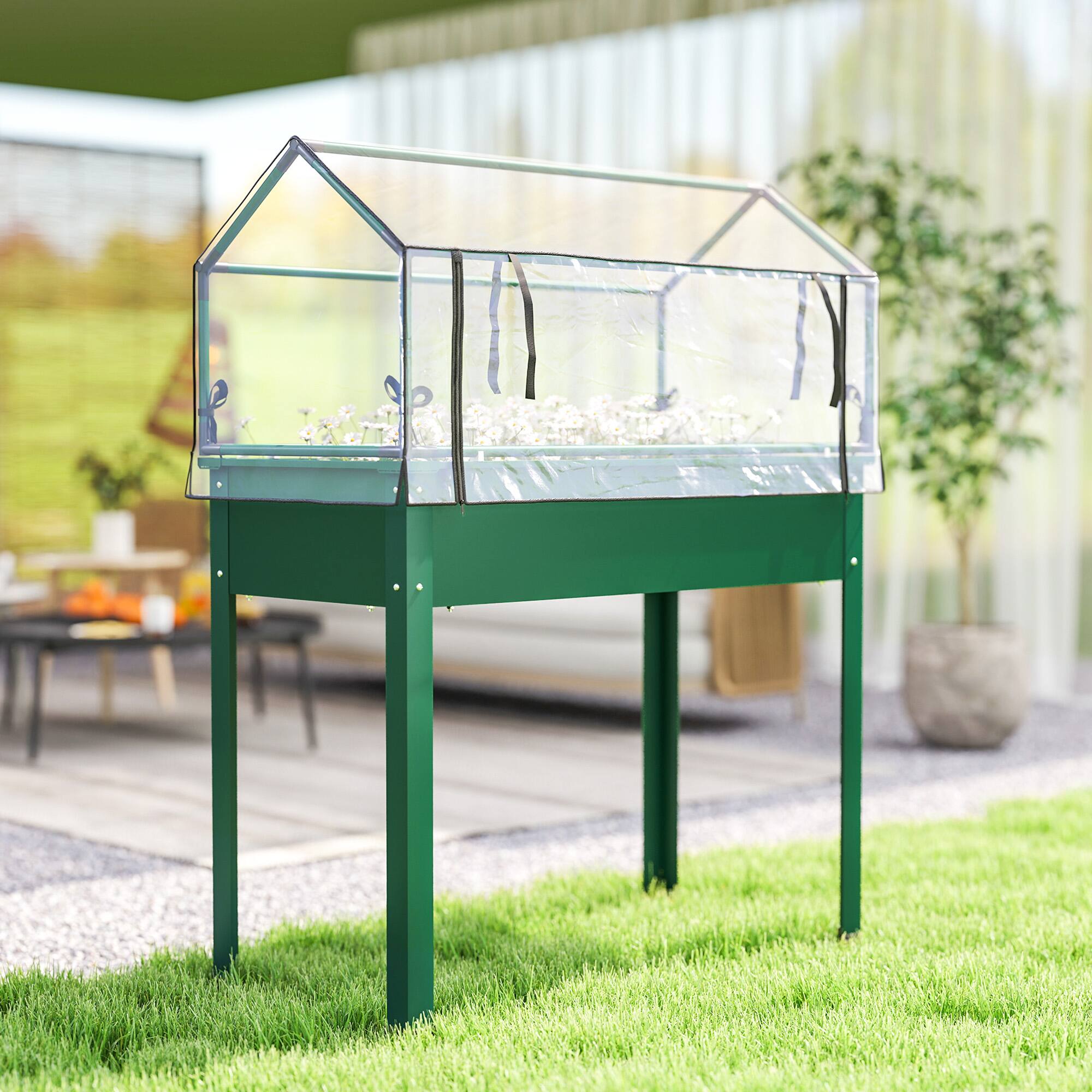 Alt View 7. Outsunny - Raised Garden Bed with Greenhouse Cover, Elevated Planter Box with Legs and Drainage Hole, 39.4" x 18.9" x 48.8".