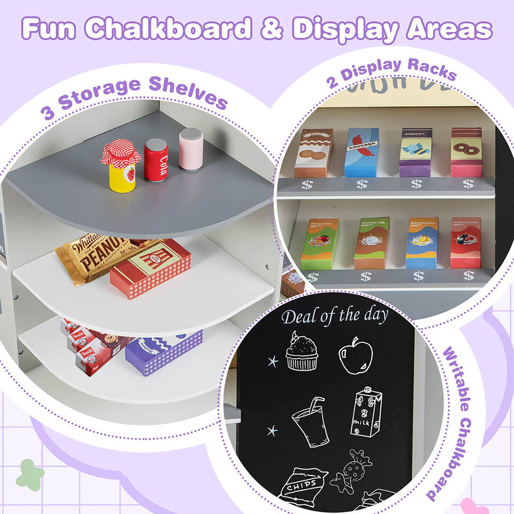 Fun Chalkboard & Display Areas

3 Storage Shelves

2 Display Racks

Deal of the day

Writable Chalkboard