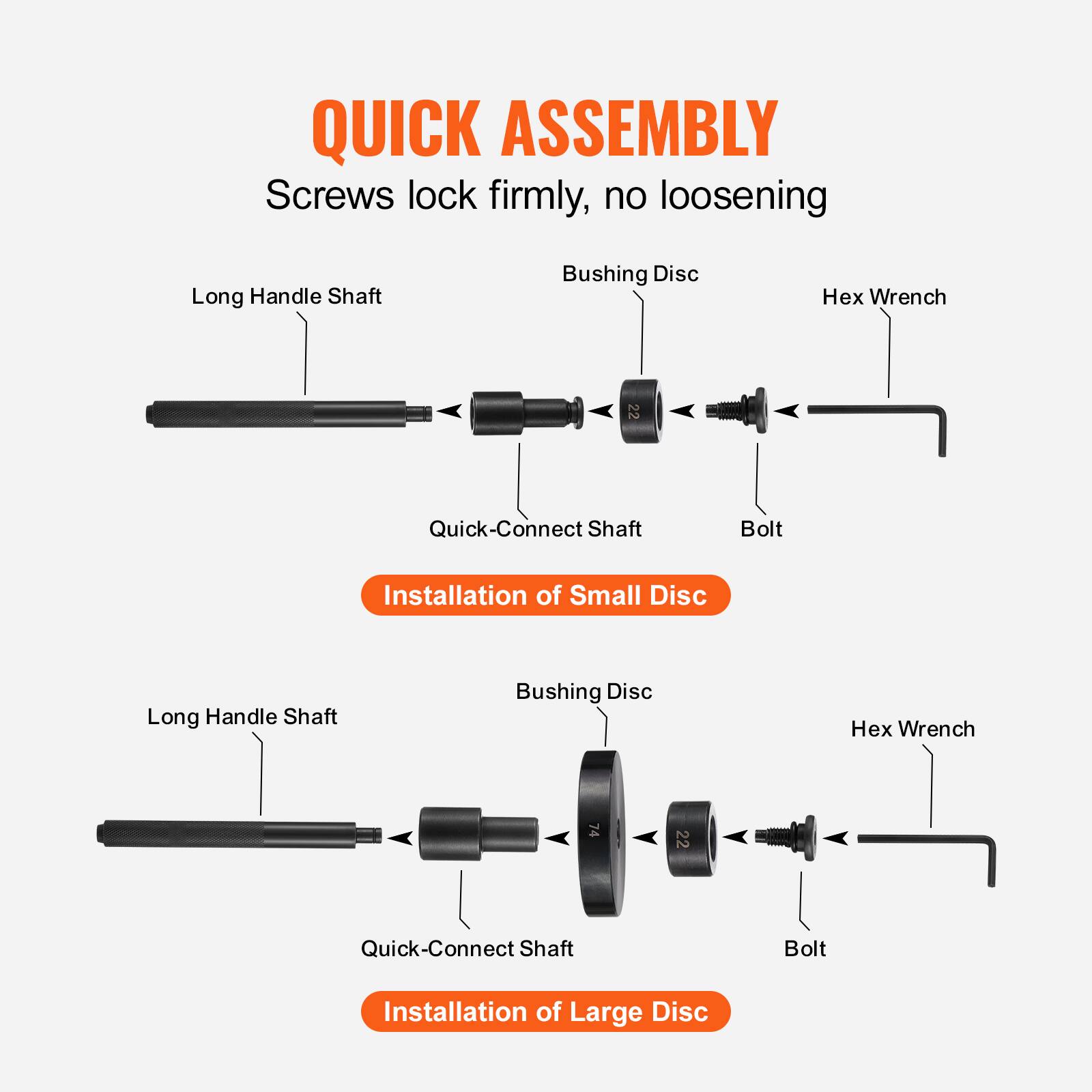 QUICK ASSEMBLY  
Screws lock firmly, no loosening

- Long Handle Shaft
- Bushing Disc
- Hex Wrench
- Quick-Connect Shaft
- Bolt

Installation of Small Disc

- Long Handle Shaft
- Bushing Disc
- Hex Wrench
- Quick-Connect Shaft
- Bolt

Installation of Large Disc
