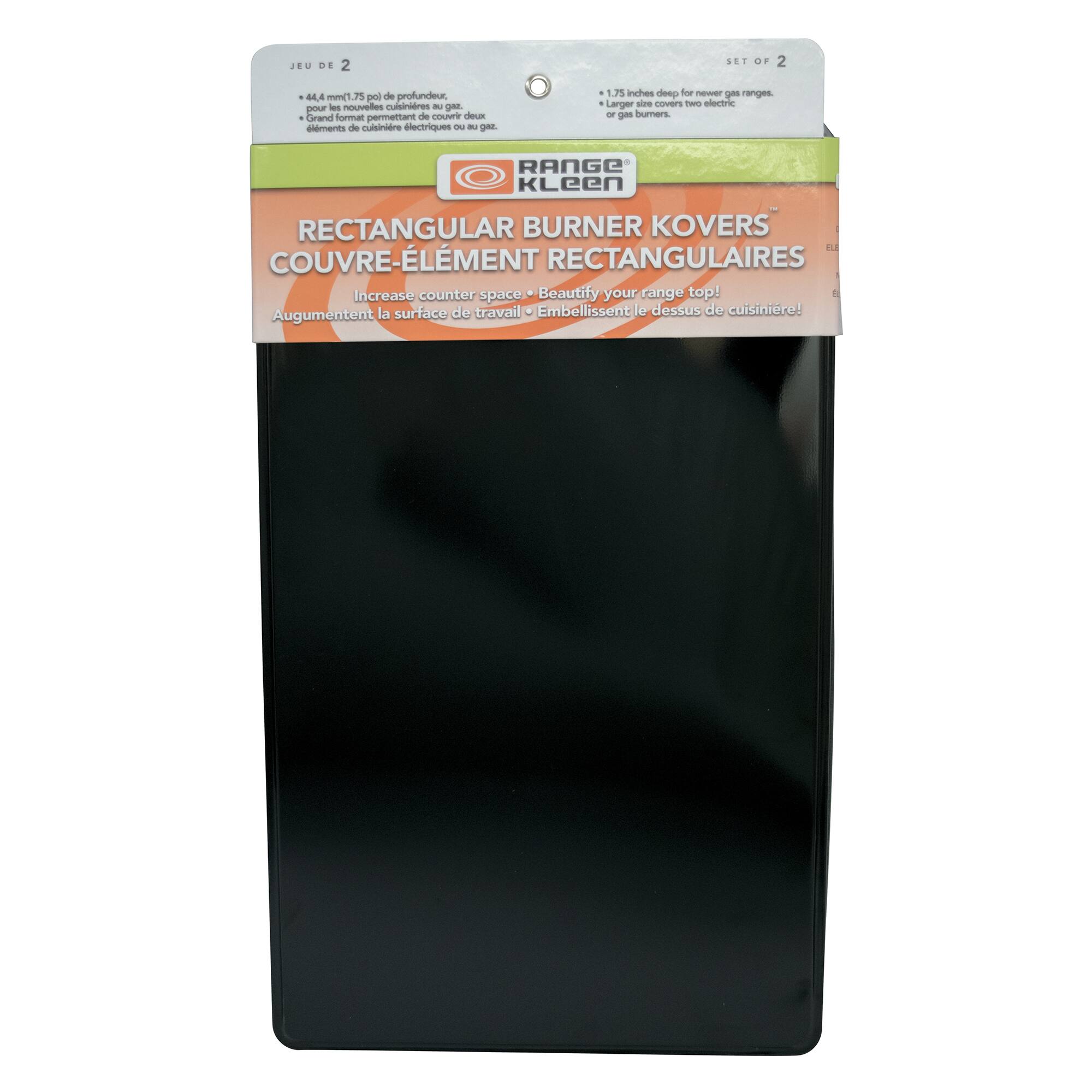 Sure, here is the corrected and grouped text from the image:

---

**SET OF 2**

- 1.75 inches deep for newer gas ranges, or two electric or gas burners.

**JEU DE 2**

- 44 mm (1.75 po) de profondeur, pour les nouvelles cuisinières au gaz, alimentées par deux brûleurs électriques ou au gaz.

**RANGE KLEEN**

**RECTANGULAR BURNER KOVERS**

**COUVER-ÉLÉMENT RECTANGULAIRES**

- Increase counter space • Beautify your range top!
- Augmente la surface de travail • Embellissent le dessus de cuisinière!

---

This text is organized to reflect the information provided on the packaging.