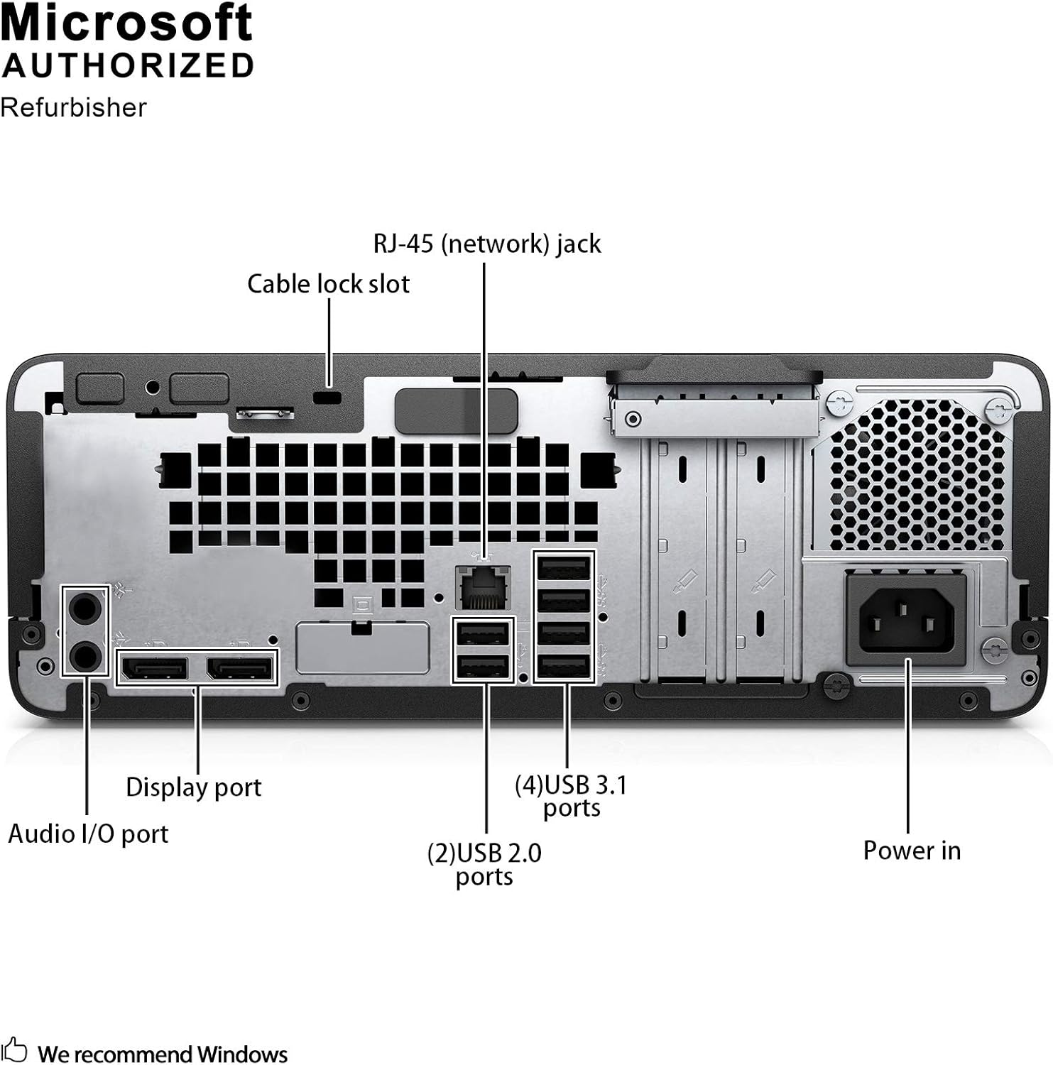 Microsoft AUTHORIZED Refurbisher

- RJ-45 (network) jack
- Cable lock slot
- Display port
- Audio I/O port
- (4) USB 3.1 ports
- (2) USB 2.0 ports
- Power in

We recommend Windows