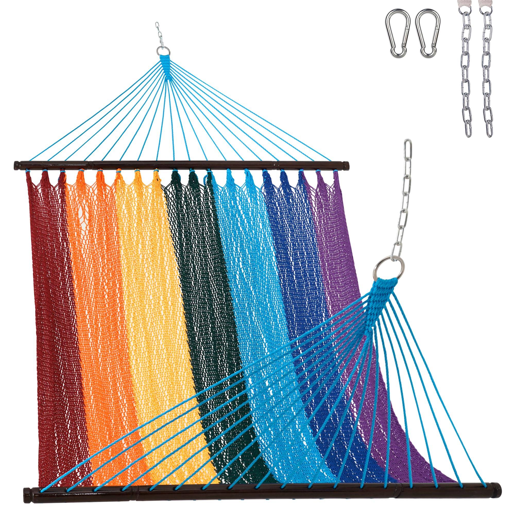 JETRANSPORT - 10.5 Ft Double 2 Person Caribbean Rope Hammock Hand Woven Polyester With Spreader Bars For Outdoor Backyard - Rainbow