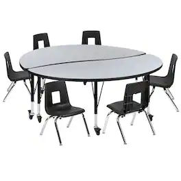Flash Furniture - Emmy Mobile 60" Circle Wave Flexible Laminate Activity Table Set with 14" Student Stack Chairs, Grey/Black - Gray