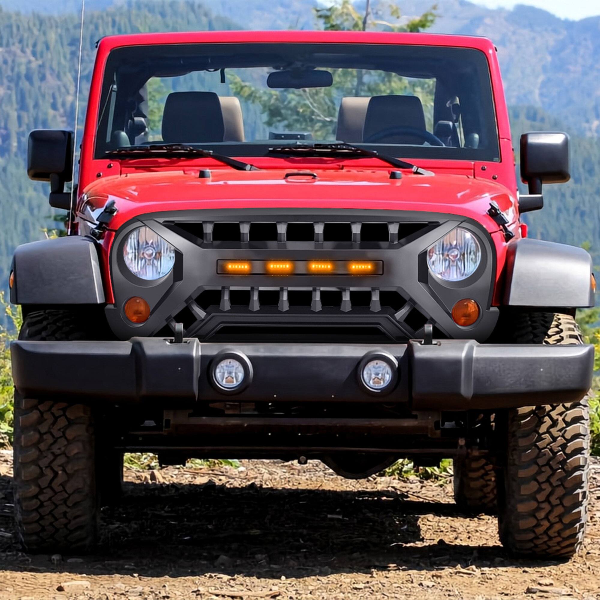 Alt View 5. AMERICAN MODIFIED - AMERICAN MODIFIED Armor Grille with Amber Lights, 07-08 Jeep Wrangler JK, Black - Matte Black.