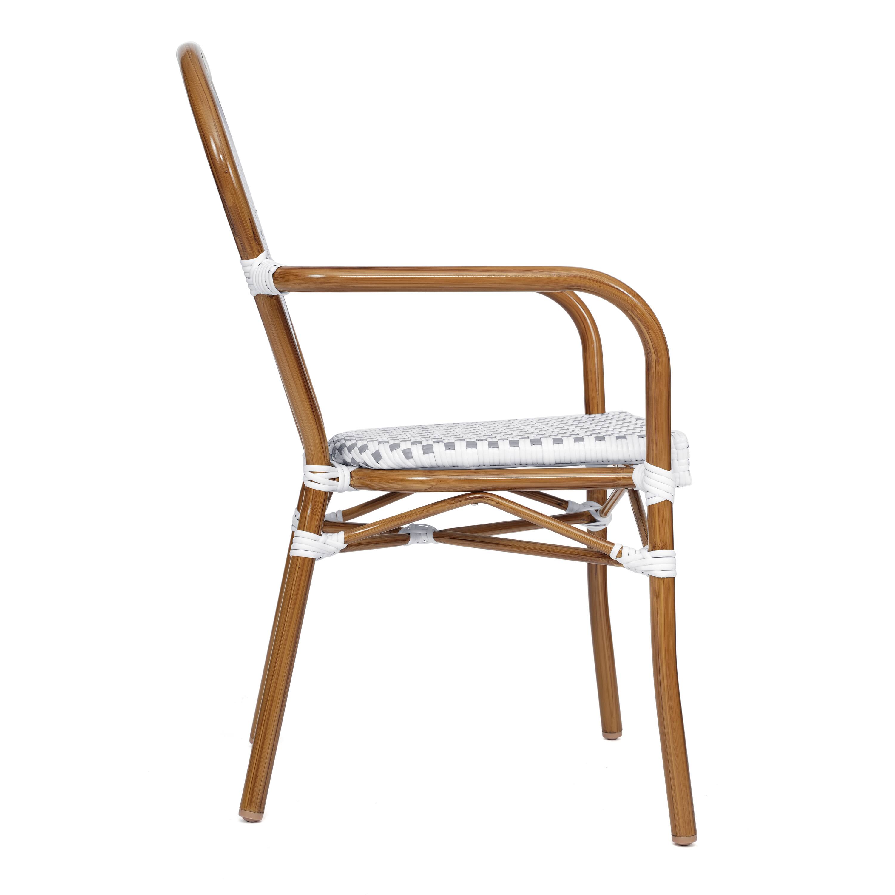 Alt View 7. Emma + Oliver - Colmar Indoor/Outdoor Stacking Thonet Bistro Style Chair with Arms, PE Rattan Seat and Finished Metal Frame - White & Gray/Natural Frame.