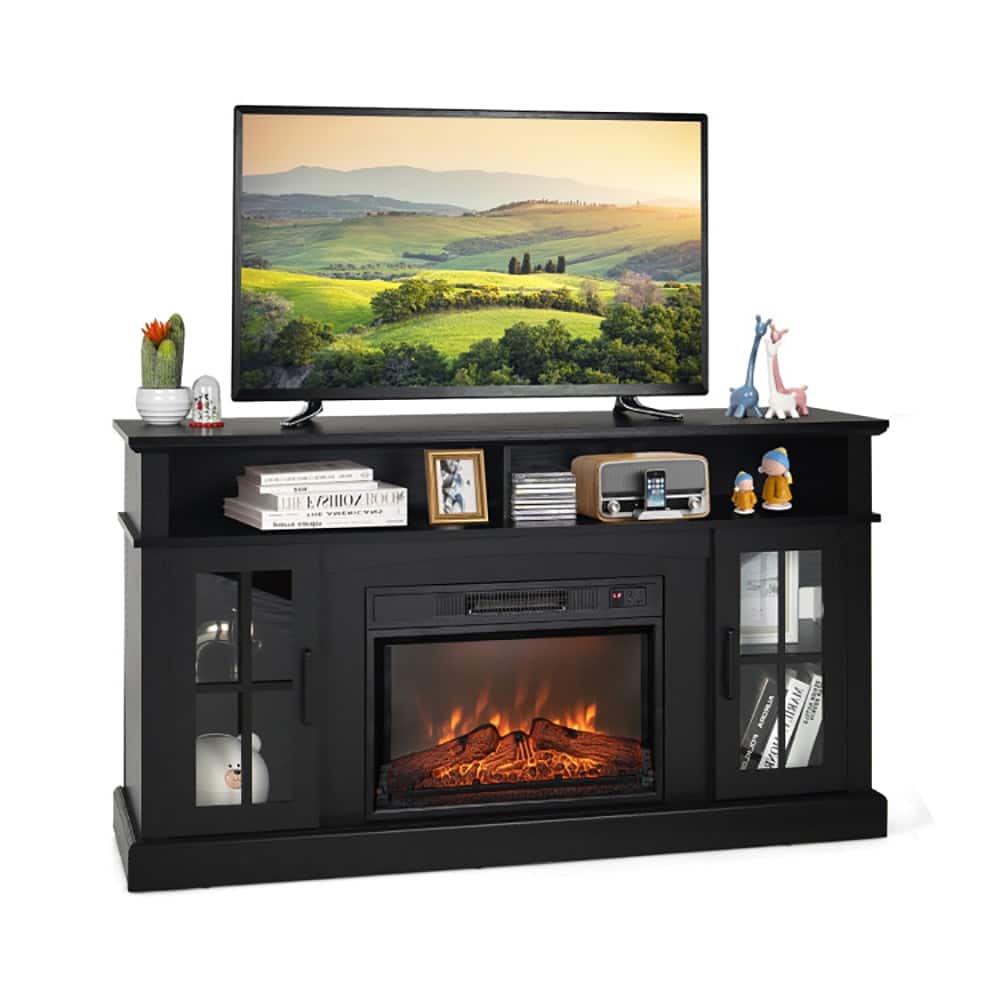 Pefilos - Fireplace TV for TVs Up to 65 with Side Cabinets Remote Control- Mid Century Modern Living Room Bedroom TV Stand - Black