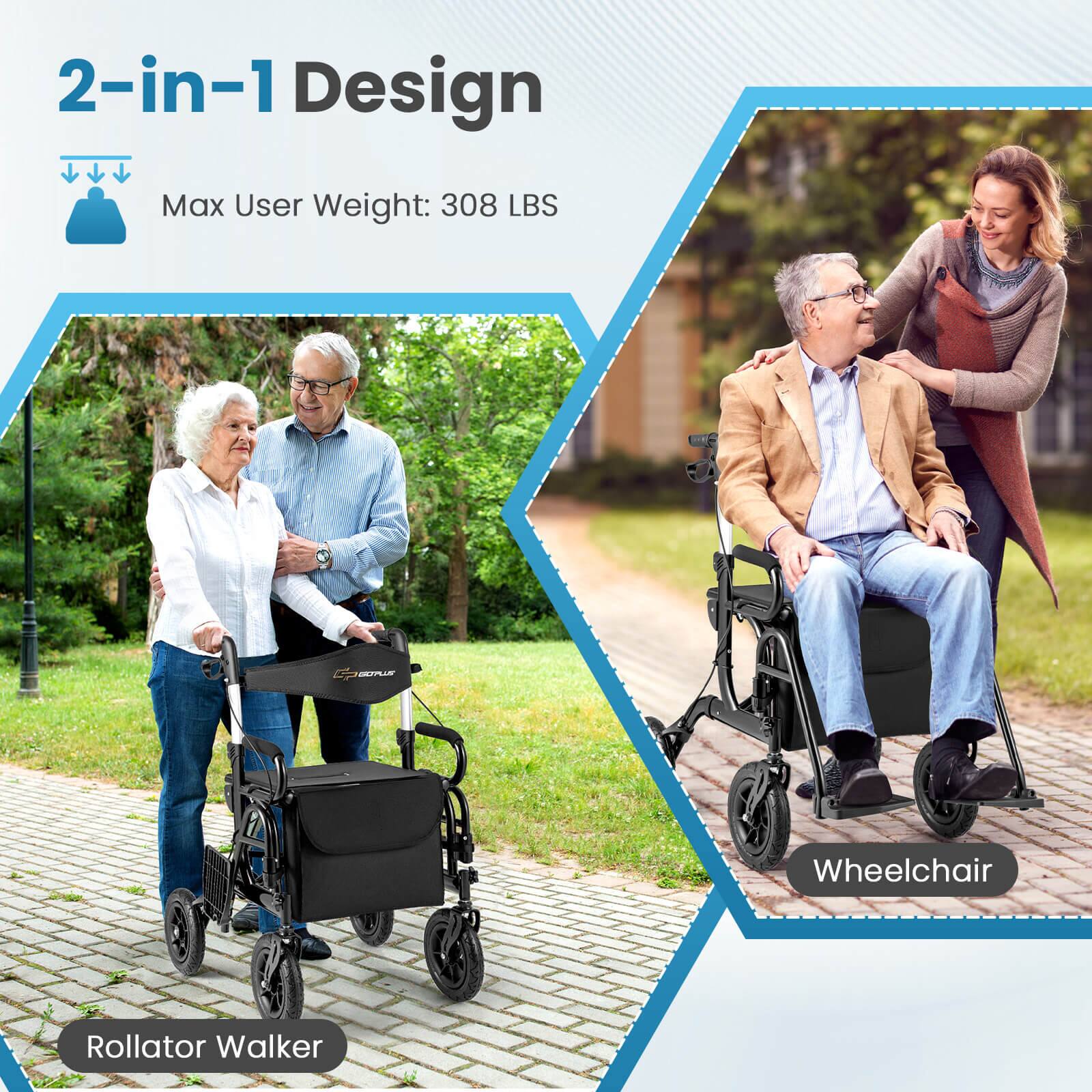2-in-1 Design, Max User Weight: 308 LBS, Rollator Walker, Wheelchair