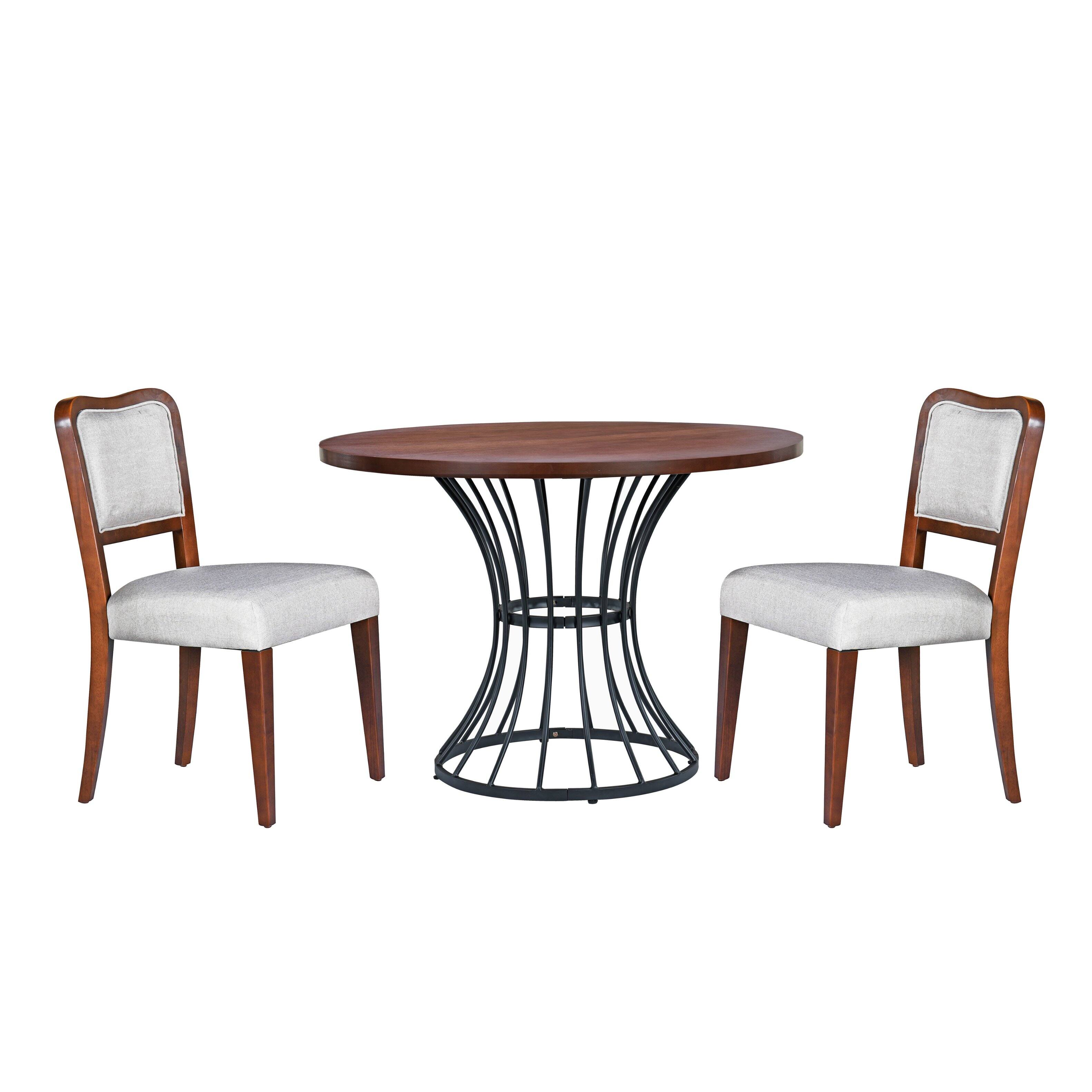 Alt View 2. TinyHomie - 42in Round Oak Dining Set – Solid Wood-Look Veneer Table and 2 Upholstered Walnut-Finish Chairs Heavy-Duty Iron Base - Beige and Black and Walnut.