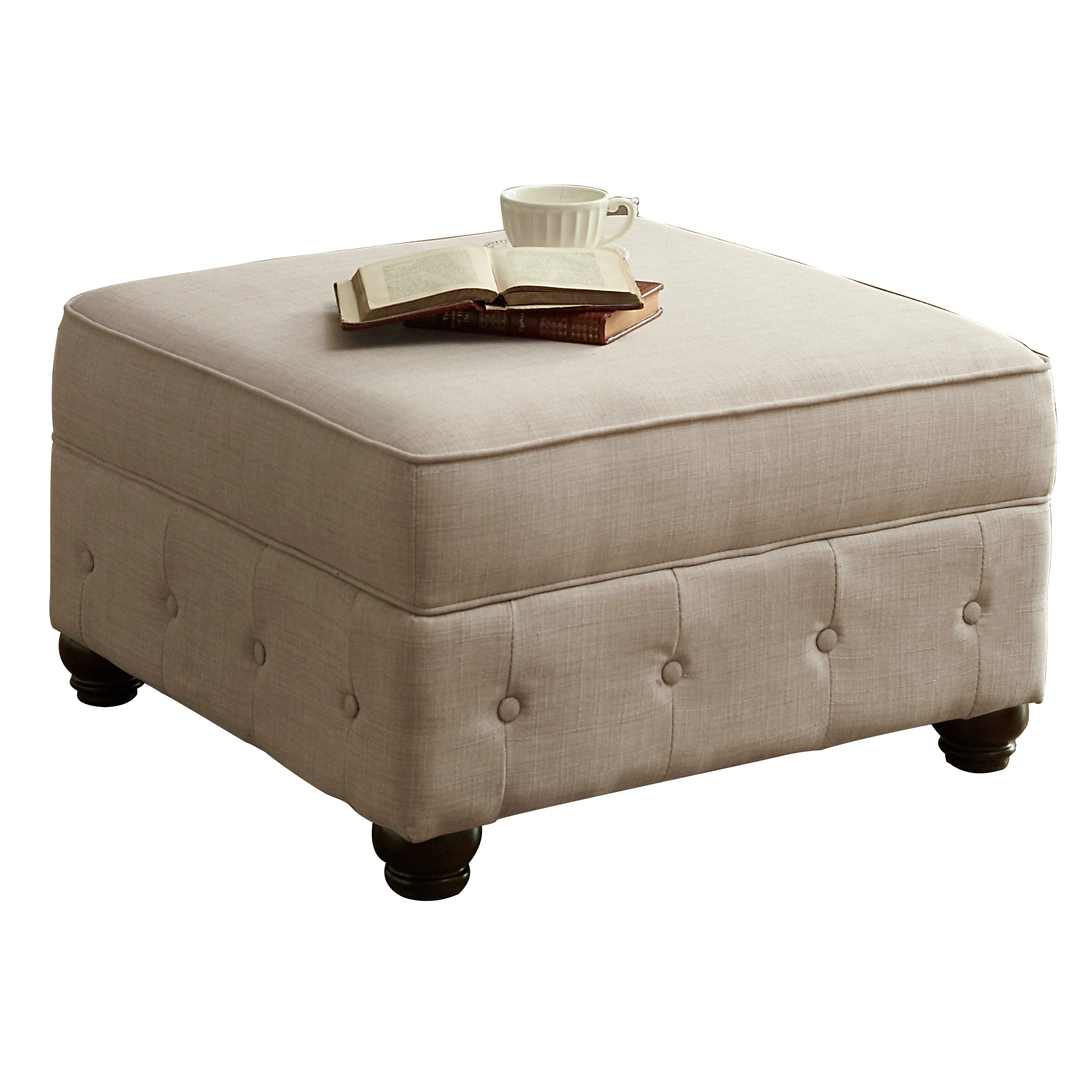 Boyel Living - Square Ottoman with Button Tufting and Wooden Legs, Linen Upholstery - Beige