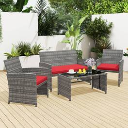 Gymax - 4 Piece Patio Furniture Set Outdoor Wicker Conversation Set w/ Tempered Glass Coffee Table - Red