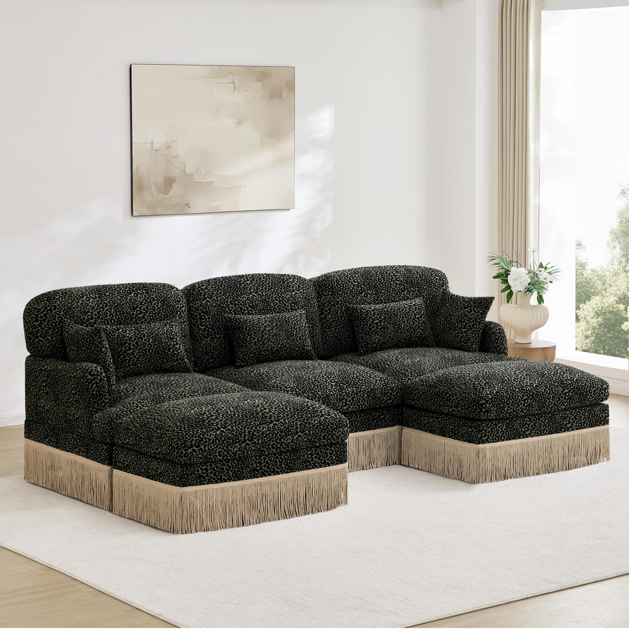 "Anysun - 100"" U-Shaped Chenille Leopard Print Sofa with Movable Ottomans & Tassel Edge, Ergonomic Deep Seat for Living Room - Green" price history on PriceWatchPro