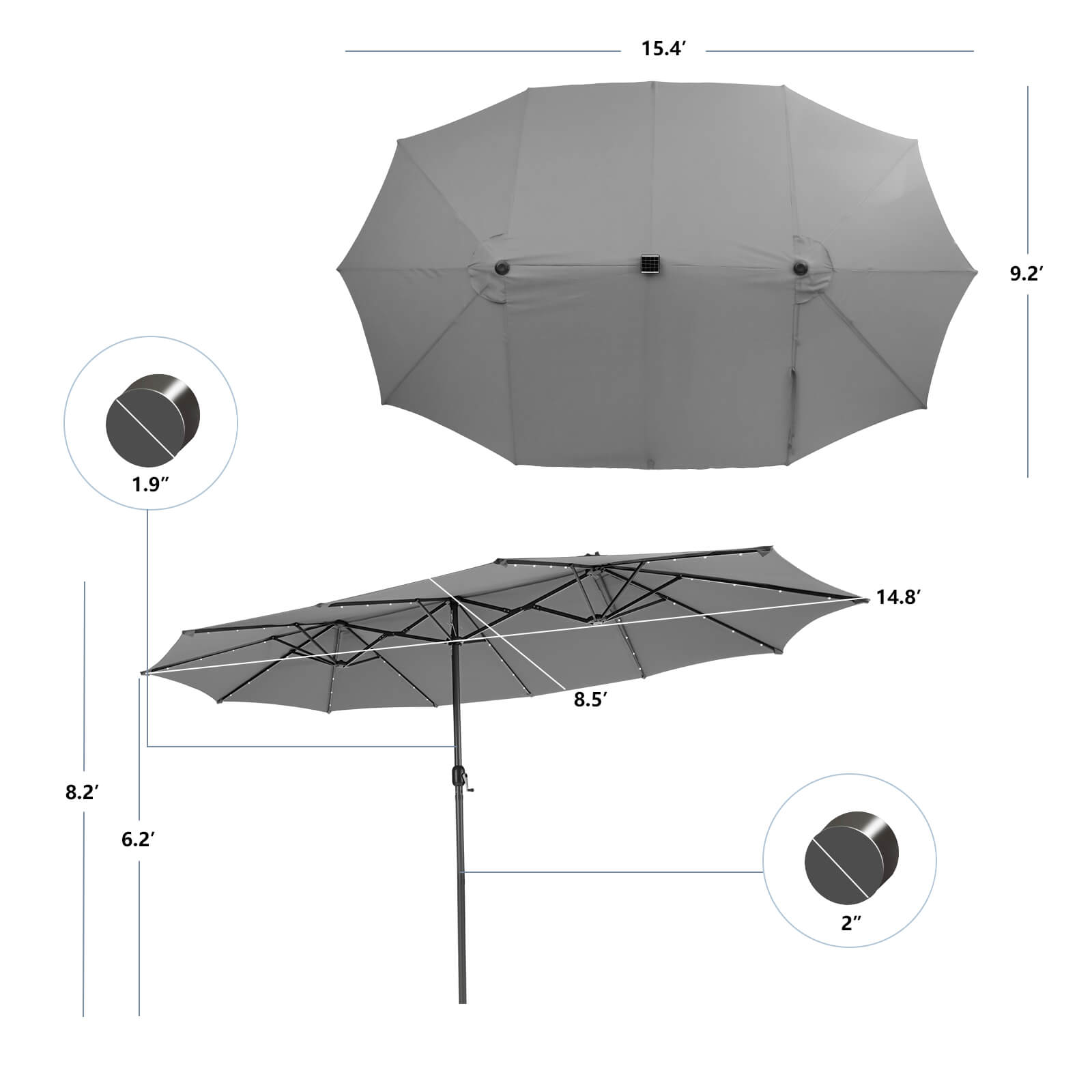 The text on the image reads: 15.4' 9.2' 1.9" 14.8' 8.5' 8.2' 6.2' 2". This text is describing the dimensions of the umbrella in feet and inches. The umbrella is 15.4 feet tall, 9.2 feet wide, and 1.9 inches in diameter. The umbrella is also 14.8 feet tall, 8.5 feet wide, and 8.2 feet tall. Additionally, the umbrella is 6.2 feet tall and 2 inches in diameter.