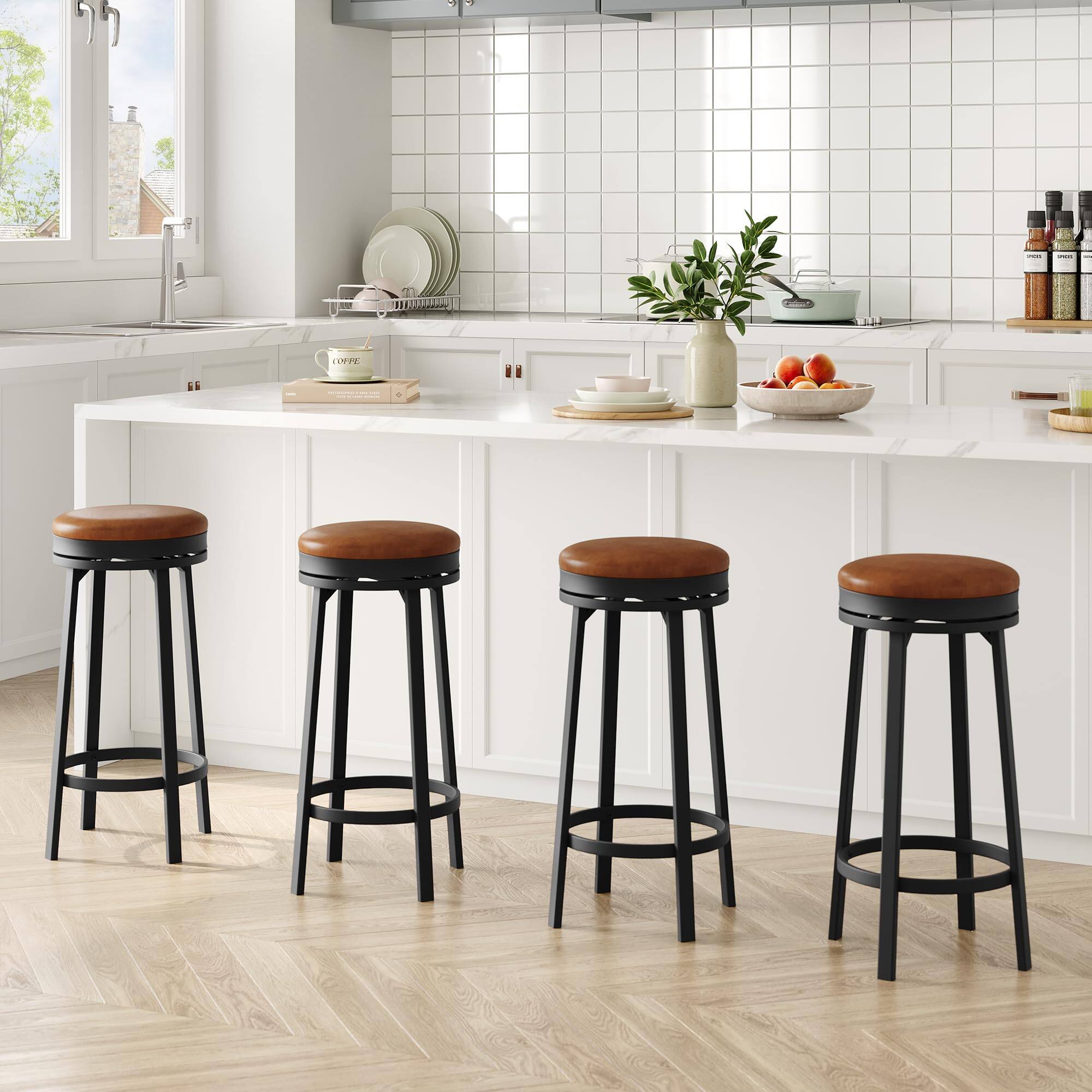Back. Jojoka - 30" Swivel Bar Stools Set of 4, Counter Height Backless Bar Stools, PU Leather Upholstered and Metal Frame - Brown.