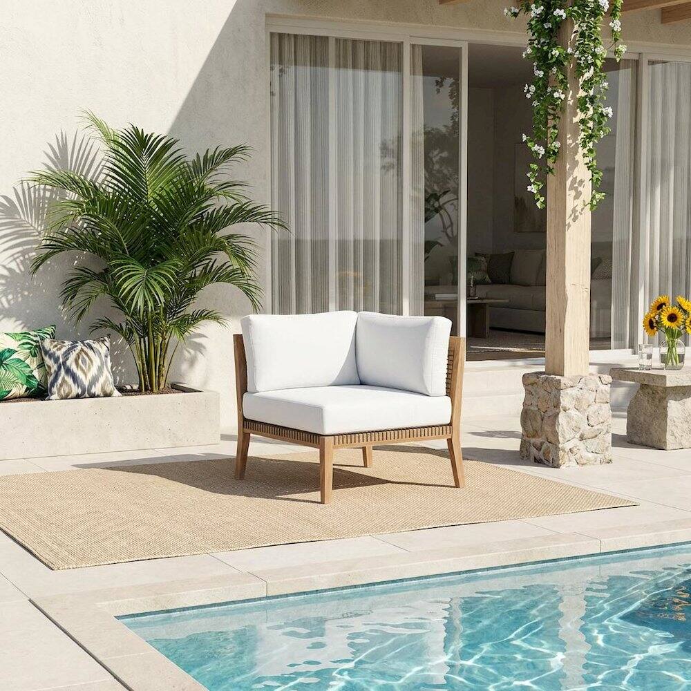 Angle. Outdoor Escape - Outdoor Patio Teak Wood Corner Lounge Chair With Cushioned Seat - Gray.