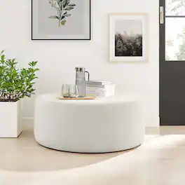 Callum Large 38" Round Woven Heathered Fabric Upholstered Ottoman by Modway - Heathered Weave Ivory