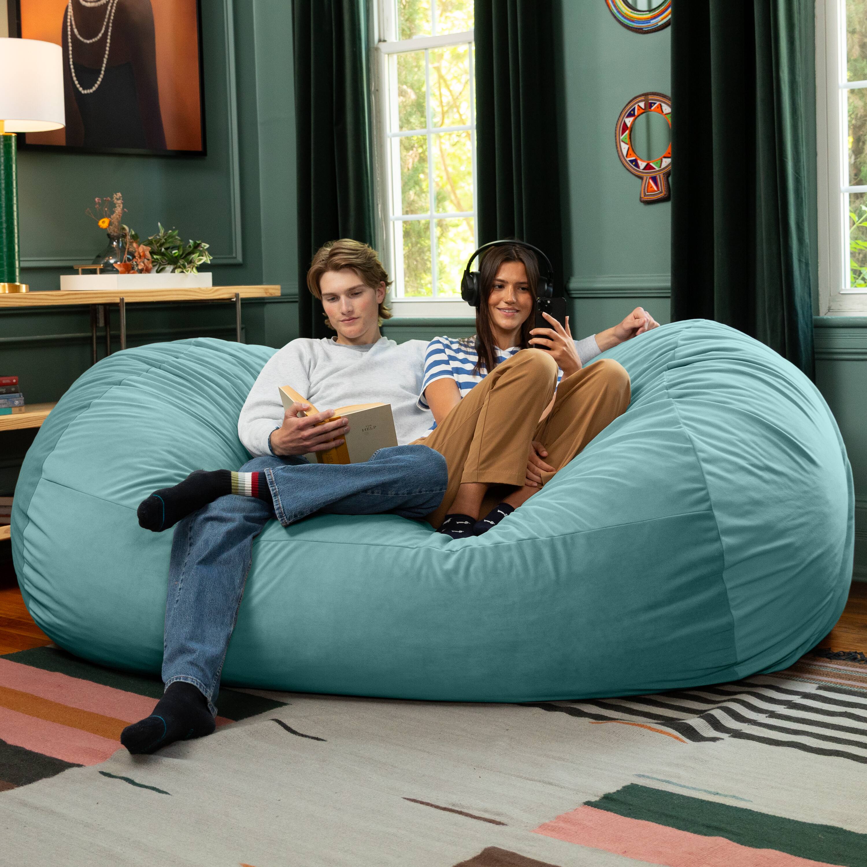 Alt View 1. Jaxx - Jaxx Grand Lounger 7 Foot Bean Bag Sofa -Lush Velvet Turquoise - Lush Velvet Turquoise.