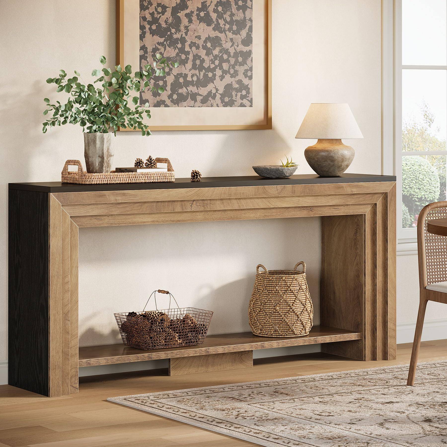 Alt View 3. Tribesigns - 70.9 Inch Narrow Console Table, Farmhouse 2-Tier Wooden Sofa Table with Storage, Space-Saving Behind Couch Accent Table - Natural & Black.