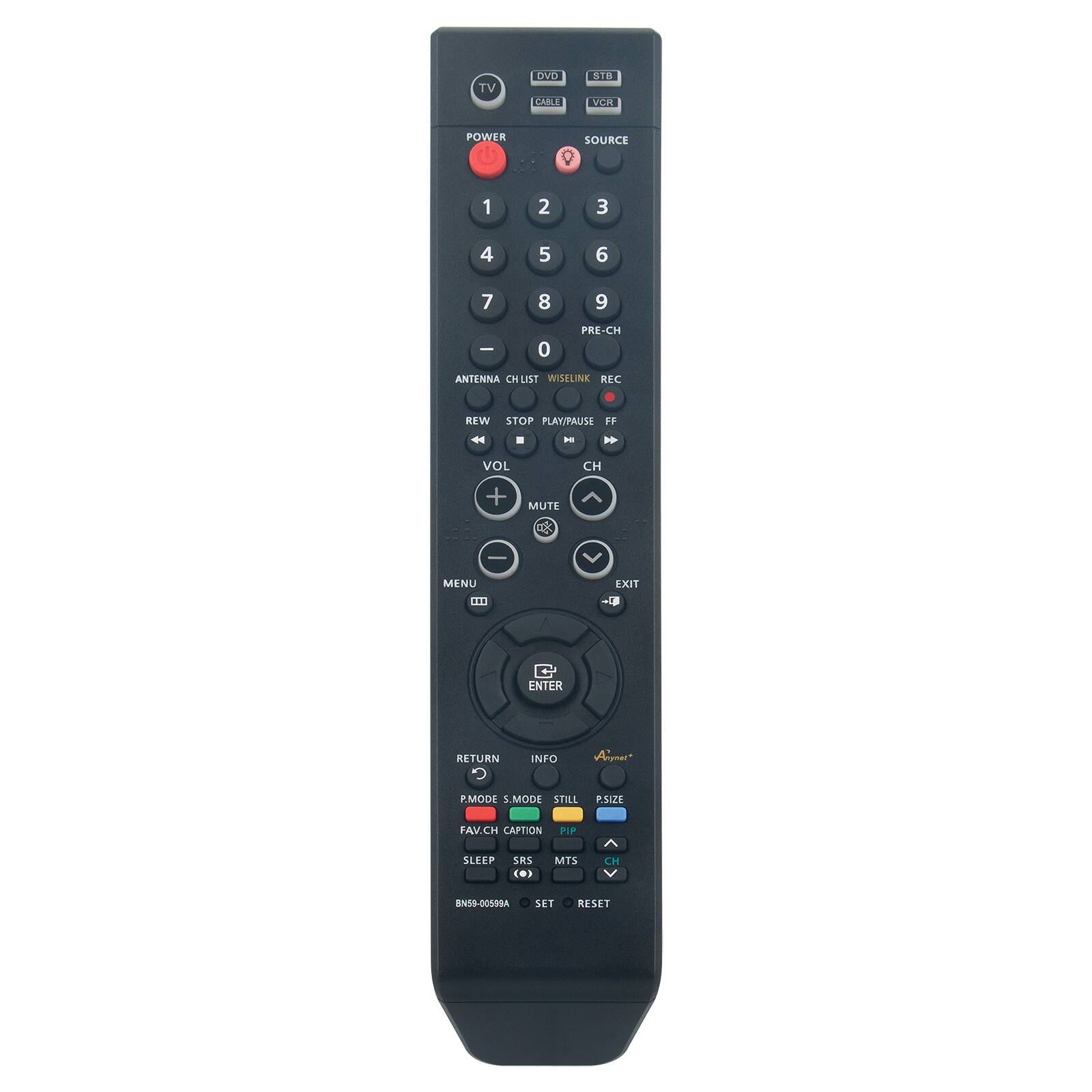 TV DVD CABLE STB VCR POWER SOURCE 1 2 3 4 5 6 7 8 9 0 PRE-CH ANTENNA CH LIST WISHLINK REC PLAY/PAUSE FF REW STOP PLAX PALISE VOL CH + MUTE MENU EXIT ENTER RETURN INFO Airer PMODE S.MODE STILL P.SIZE FAV.CH CAPTION FIP SLEEP SRS MTS CH N55-00508A SET RESET