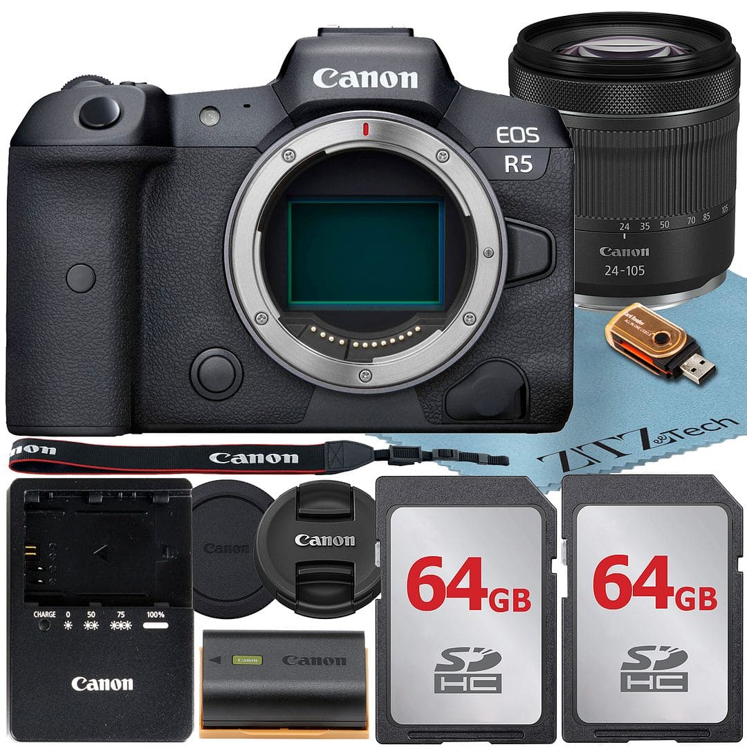 Canon - EOS R5 Mirrorless Camera with 24-105 Lens + 2x 64GB Card + ZeeTech Bundle (International Version) - Black