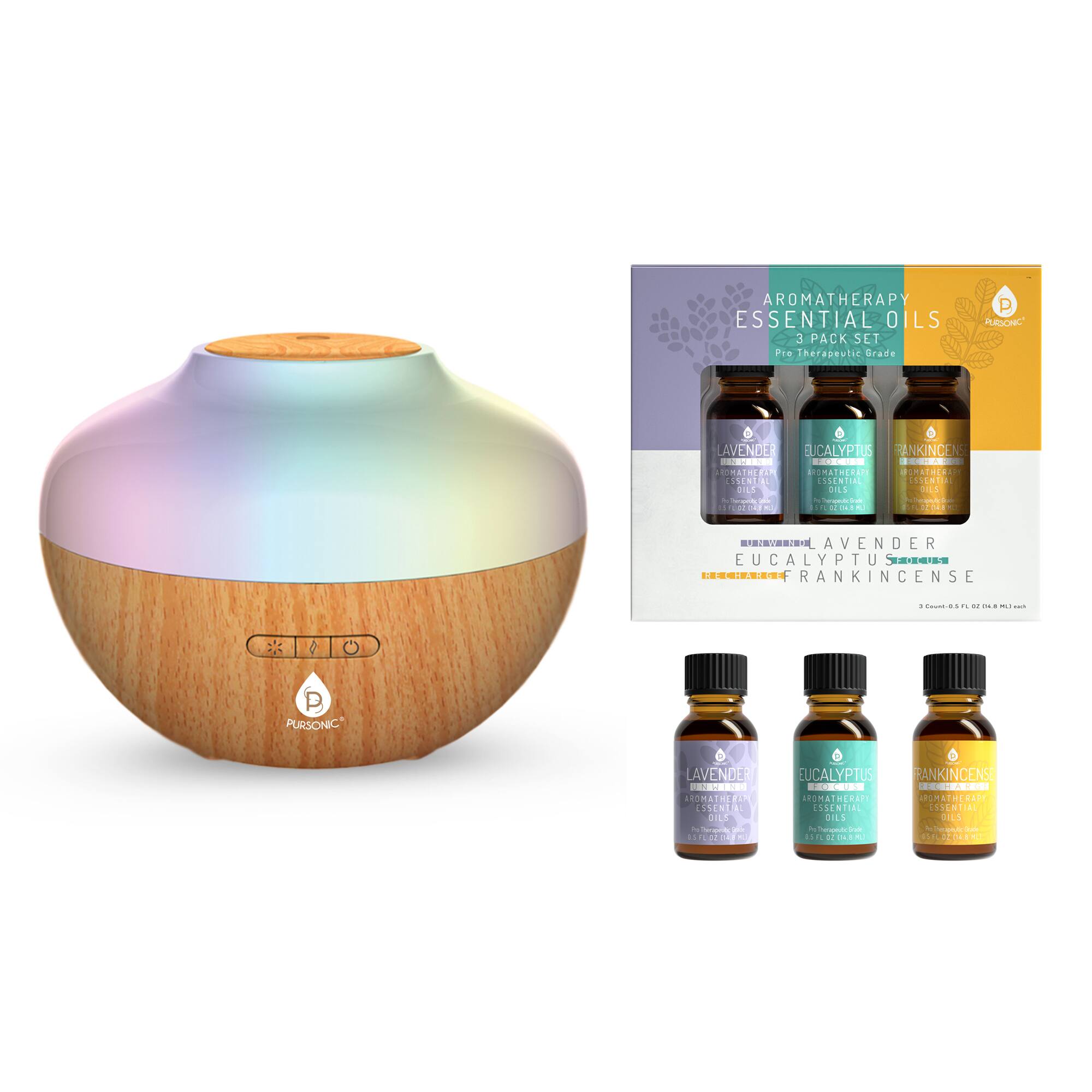 The text in the image is:

"AROMATHERAPY ESSENTIAL OILS 3 PACK SET Pro Therapeutic Grade PURSONIC LAVENDER EUCALYPTUS FRANKINCENSE ESSENTIAL OILS 10 ML EACH"