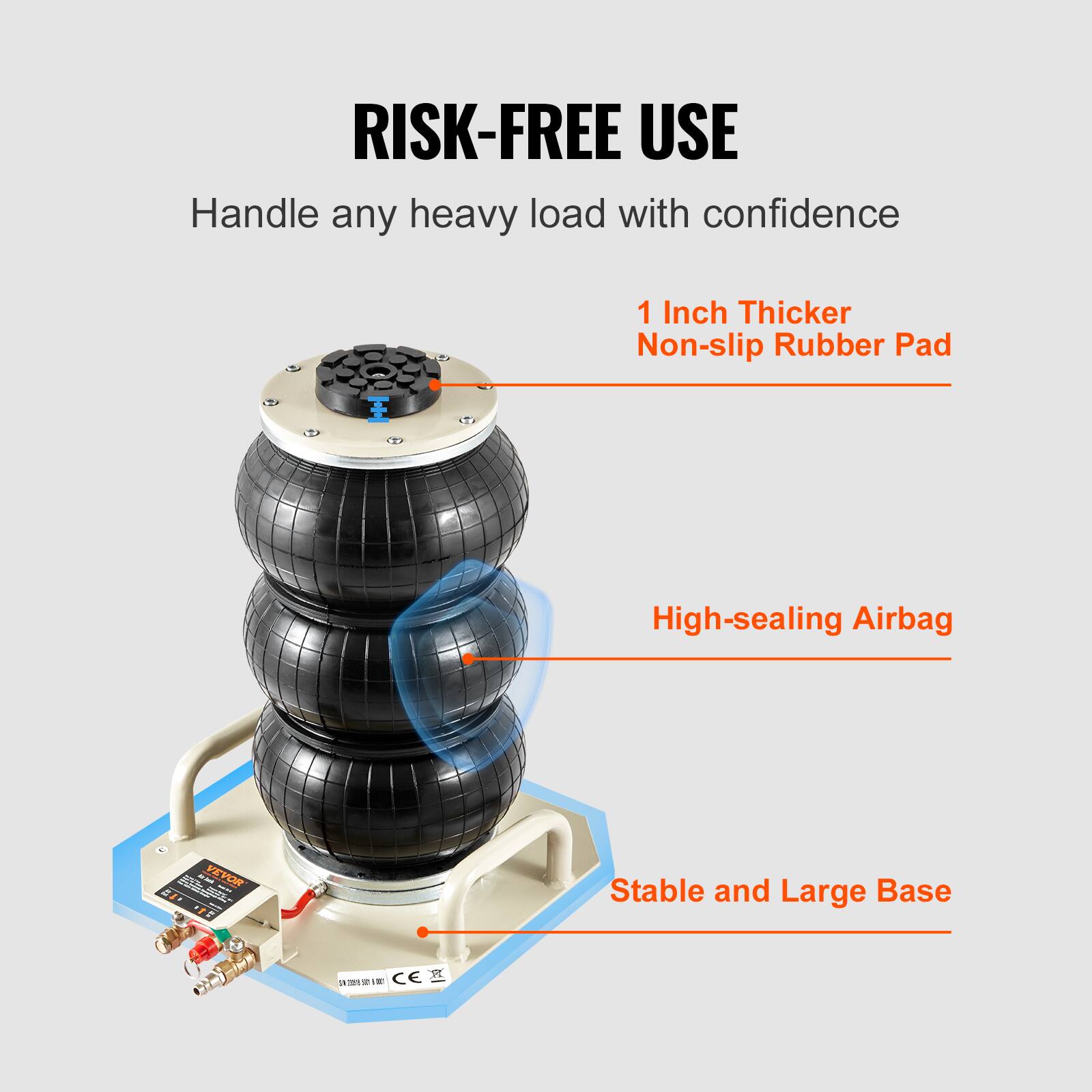 RISK-FREE USE  
Handle any heavy load with confidence  

1 Inch Thicker Non-slip Rubber Pad  
High-sealing Airbag  
Stable and Large Base  

PEPOS  

1010 - -  
CE