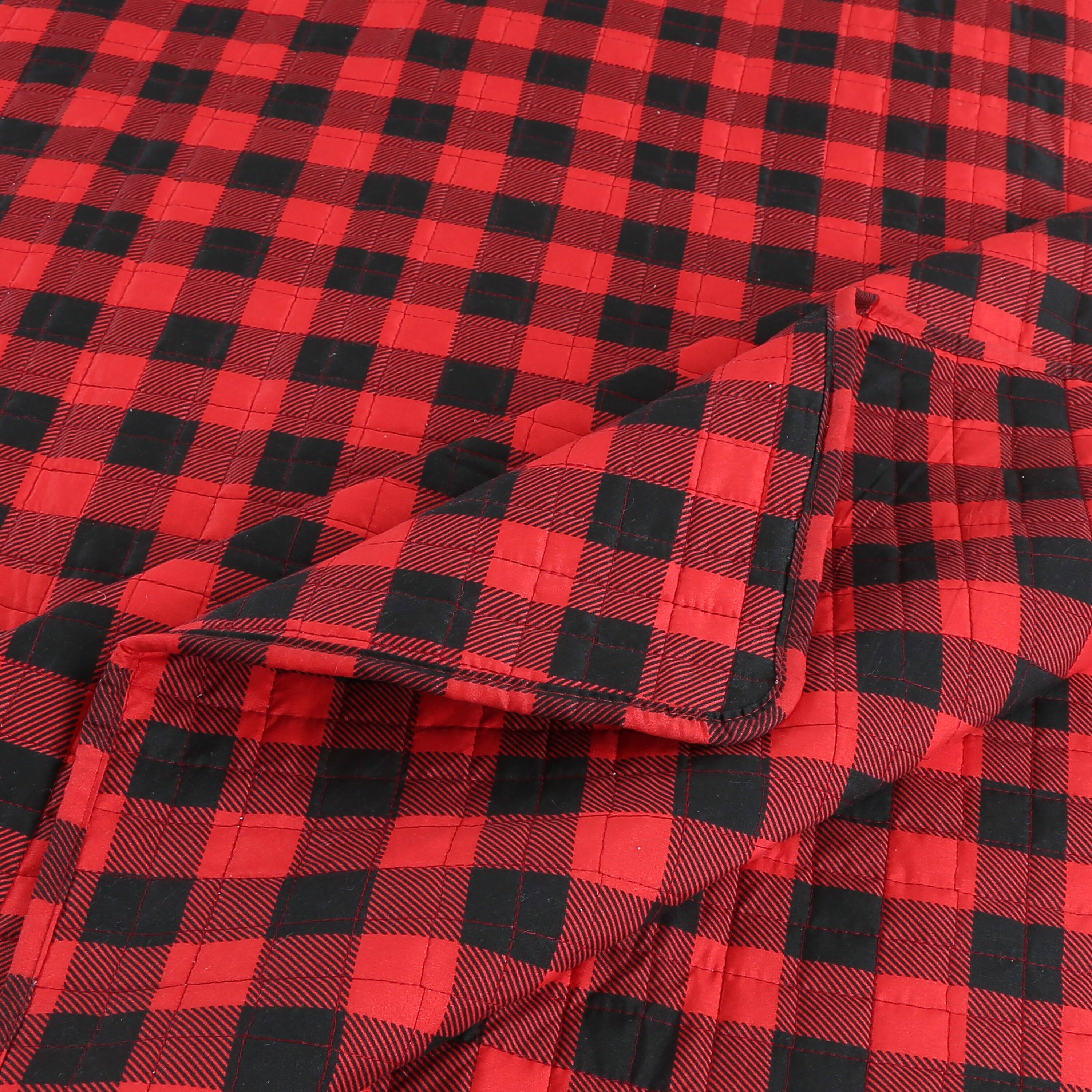 Back. MarCielo - Marcielo 3 Pcs Red Buffalo Plaid Check Quilt Bedspread Set - Red buffalo.
