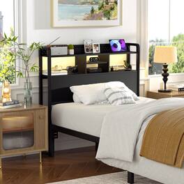 Aheaplus - Twin Headboard Only, Twin Size Headboard with Charging Station, RGB LED Light, and Bookcase Storage - Black