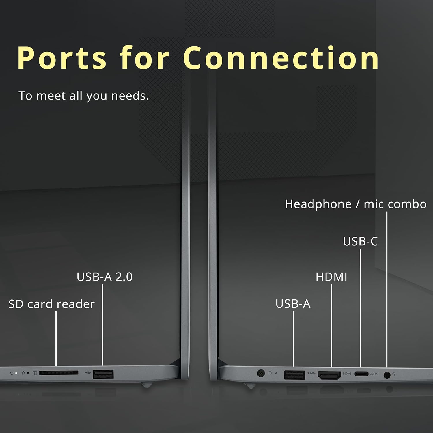 Ports for Connection To meet all you needs. Headphone / mic combo USB-C HDMI USB-A 2.0 SD card reader USB-A