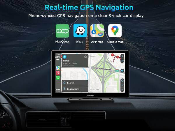 Real-time GPS Navigation  
Phone-synced GPS navigation on a clear 9-inch car display  

MapQuest  
Waze  
APP Map  
Google Map  

17:25  
Home  
17:49 ETA 24 min  

Search Destinations