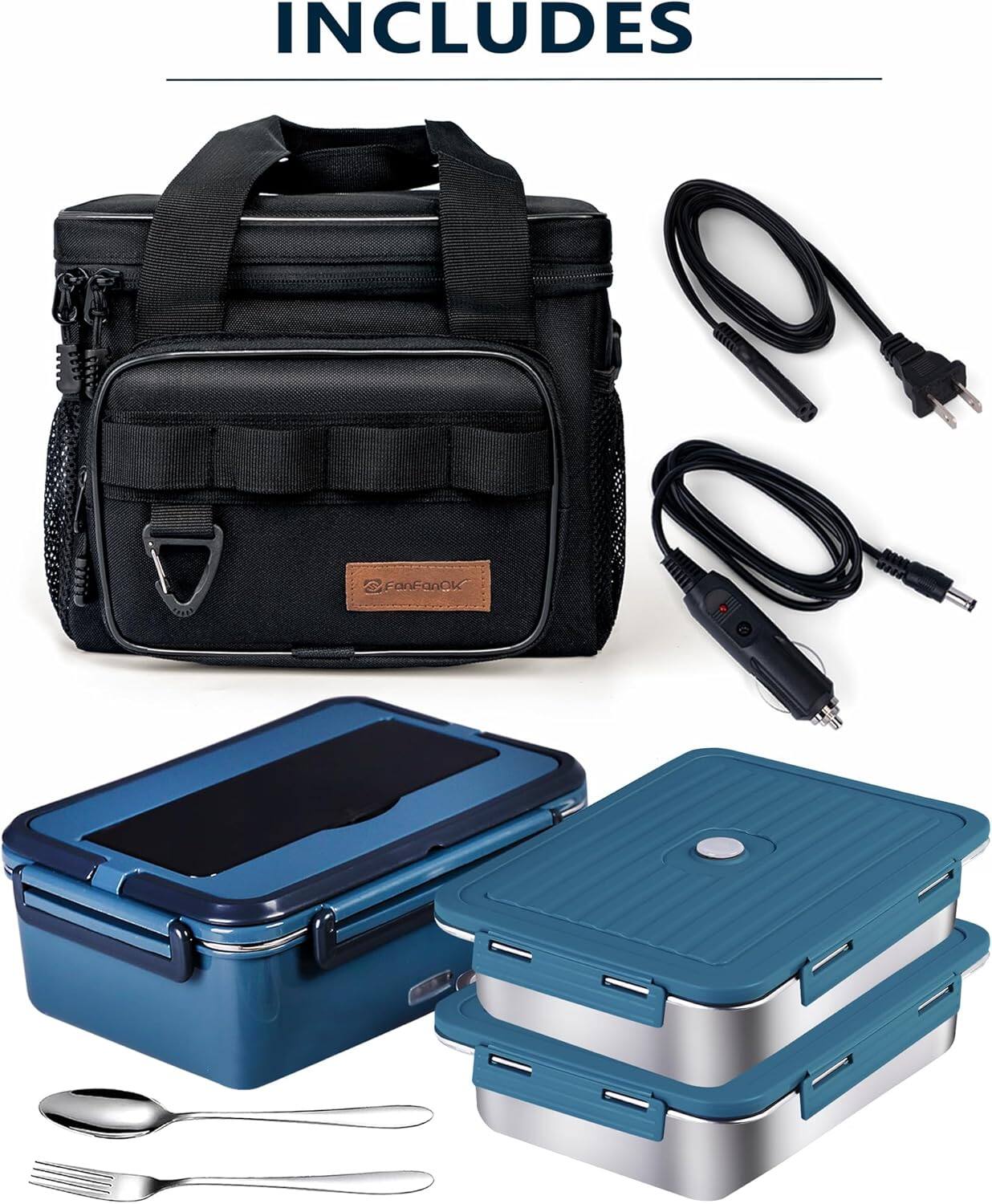 INCLUDES

- Black carrying case
- Power adapter
- USB cable
- Portable charger
- Blue and silver lunchbox
- Stainless steel utensils (fork, spoon, knife)