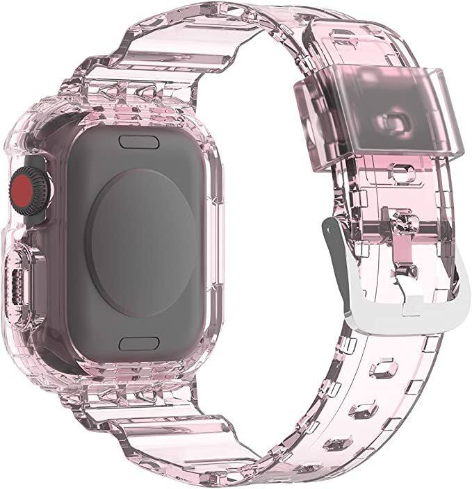 Angle. Worryfree Gadgets - Worryfree Gadgets Apple Watch Band with Protective Bumper Case for Apple Watch - 44mm/45mm - Transparent Pink - Transparent Pink.