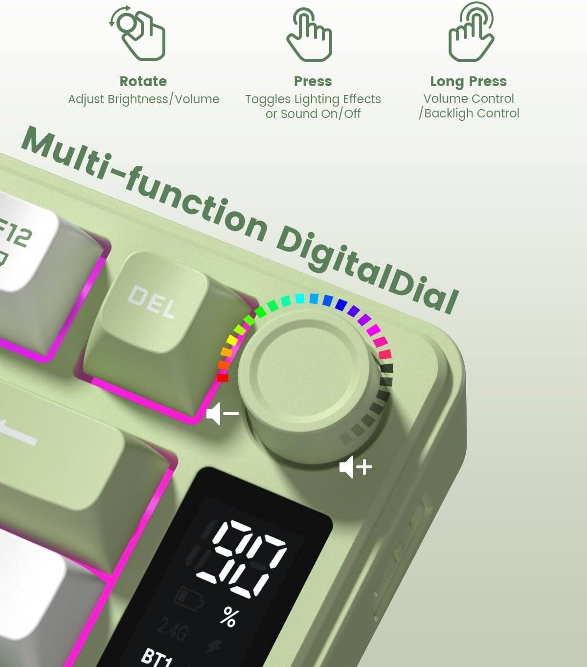 Rotate  
Adjust Brightness/Volume  

Press  
Toggles Lighting Effects or Sound On/Off  

Long Press  
Volume Control / Backlight Control  

Multi-function DigitalDial  

F12  
DEL  

2.4G  
BT1  

%