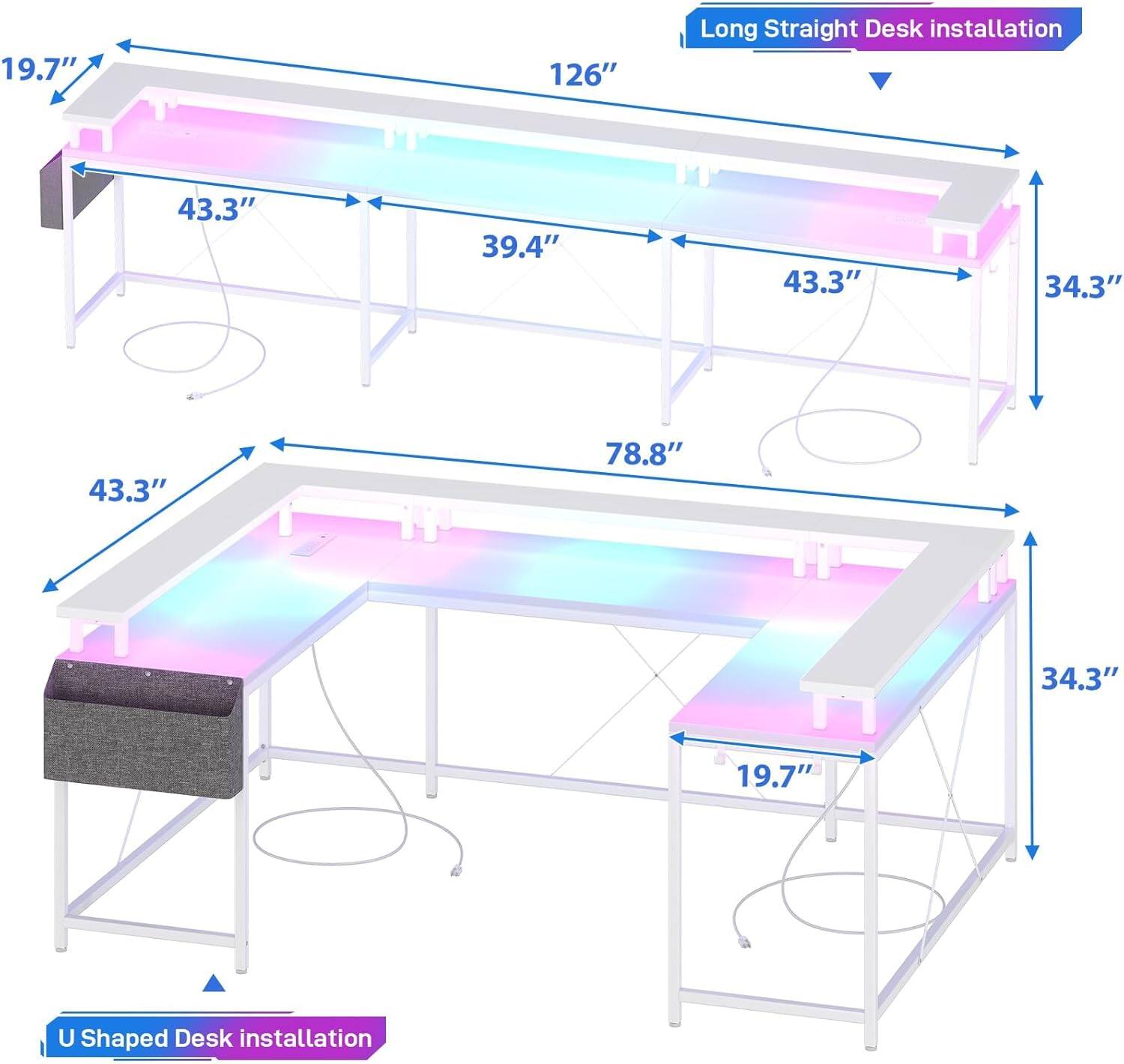 **Long Straight Desk Installation:**
- Length: 126"
- Width: 43.3"
- Depth: 39.4"
- Height: 34.3"
- Overhang: 19.7"

**U Shaped Desk Installation:**
- Length: 78.8"
- Width: 43.3"
- Depth: 34.3"
- Height: 19.7"