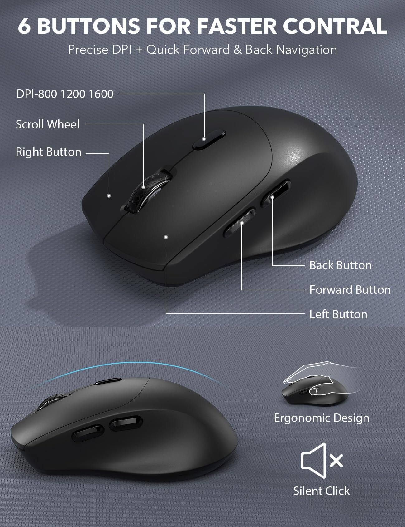6 BUTTONS FOR FASTER CONTROL  
Precise DPI + Quick Forward & Back Navigation  

DPI-800 1200 1600  
Scroll Wheel  
Right Button  
Back Button  
Forward Button  
Left Button  

Ergonomic Design  
Silent Click
