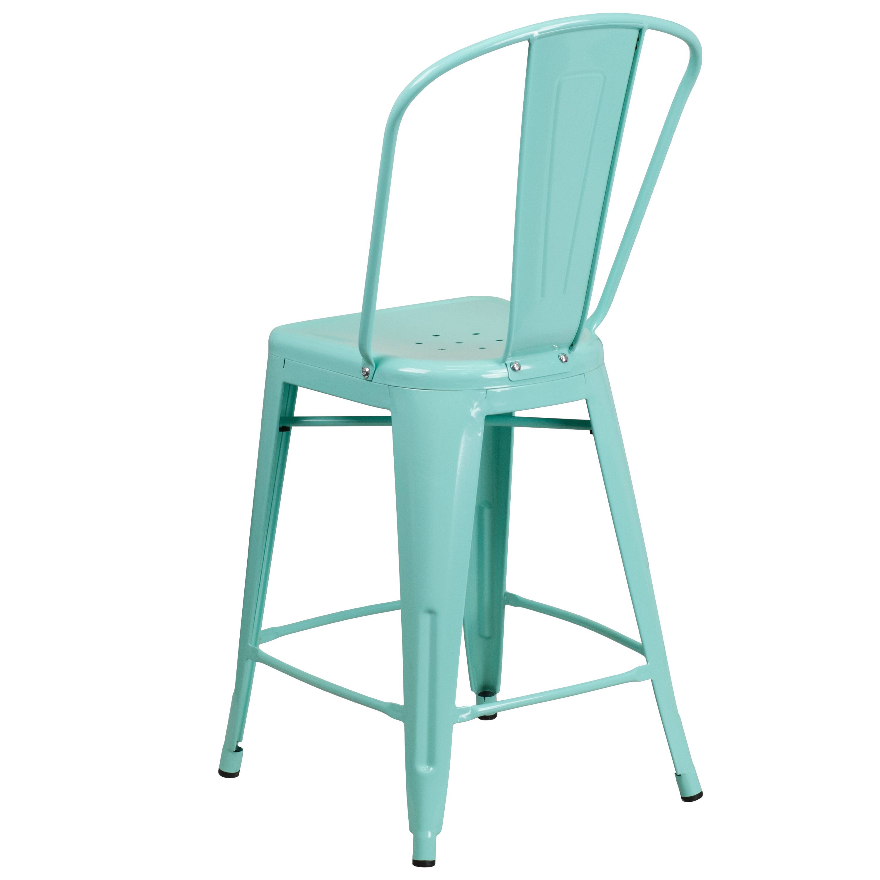 Alt View 5. Emma + Oliver - Commercial Grade 24"H Metal Indoor-Outdoor Counter Stool w/ Drain Holes and Back - Mint Green.