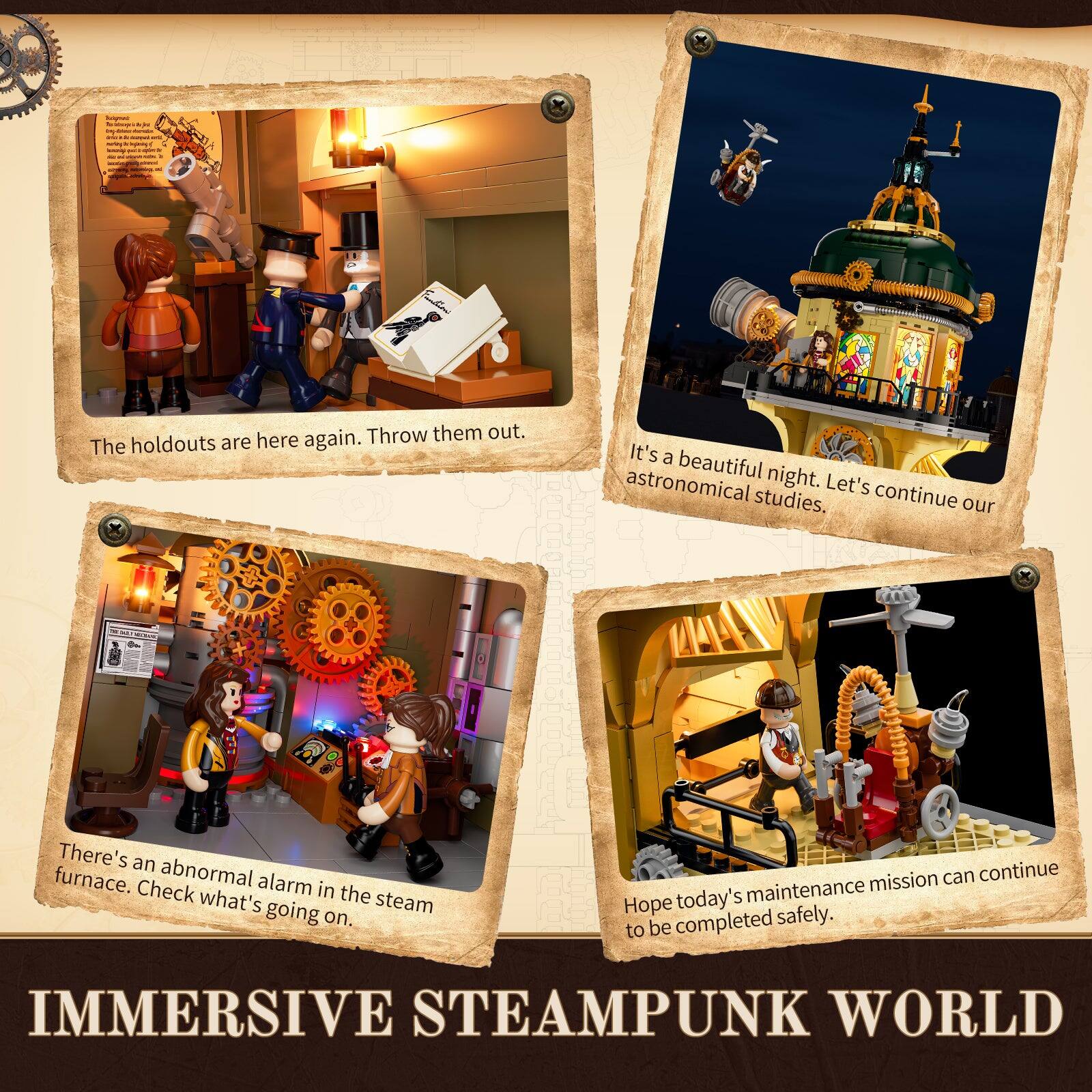 The holdouts are here again. Throw them out.

It's a beautiful astronomical night. Let's continue our astronomical studies.

There's an abnormal alarm in the steam furnace. Check what's going on.

Hope today's maintenance mission can continue to be completed safely.

IMMERSIVE STEAMPUNK WORLD
