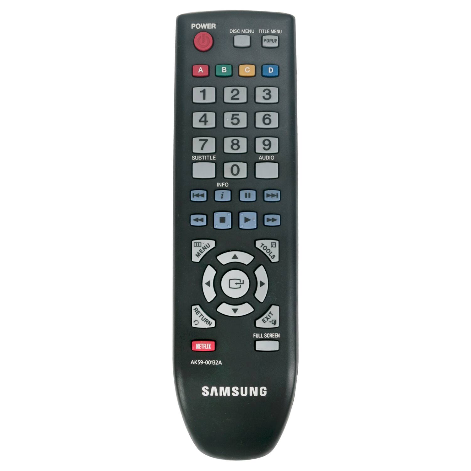 POWER DISC MENU TITLE MENU POPUP A B C D 1 2 3 4 5 6 7 8 SUBTITLE 0 INFO 9 AUDIO H I " D MENU TOOLS RETURN 5 EXIT A FULL SCREEN NETFLIX AK59-00132A SAMSUNG