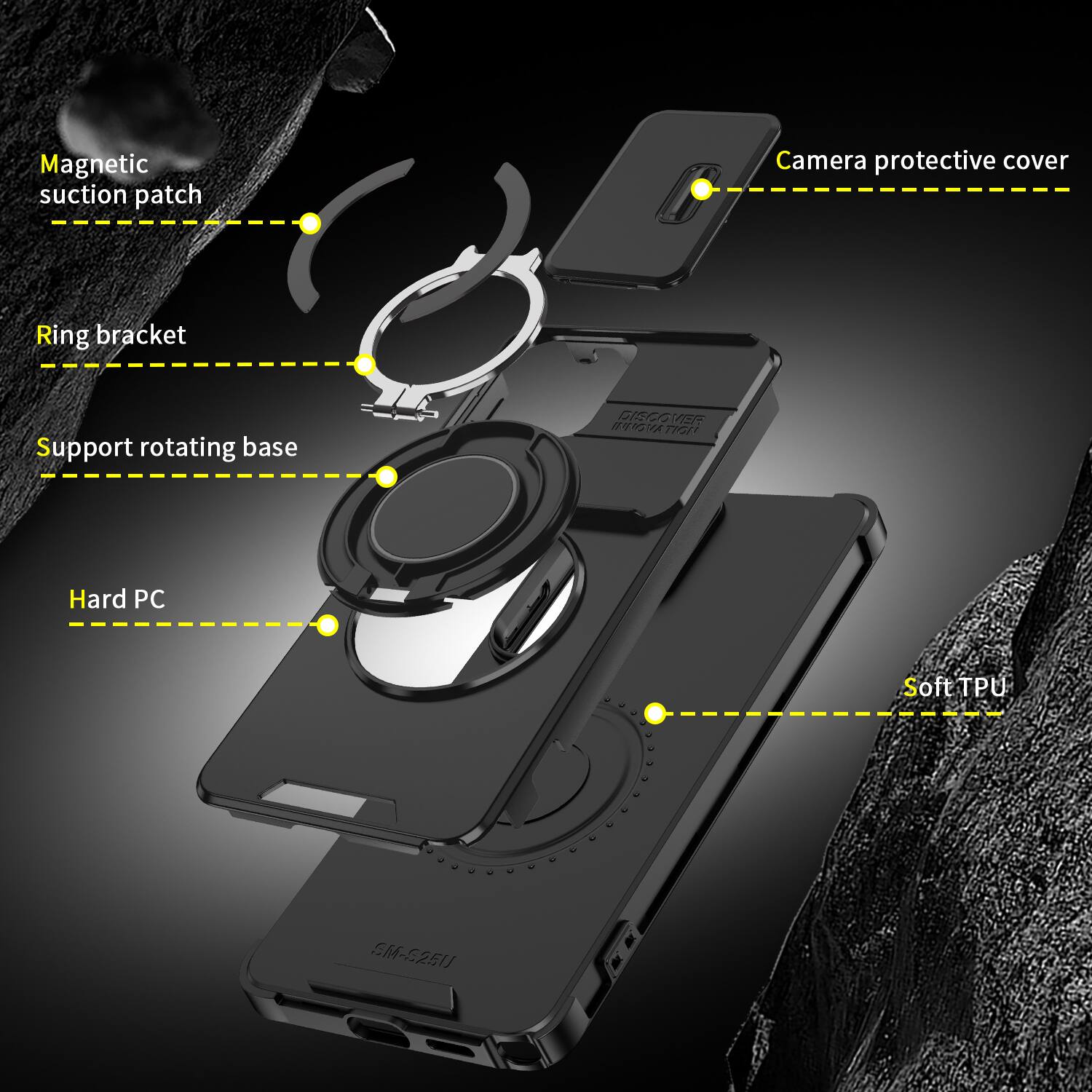 Magnetic suction patch  
Camera protective cover  
Ring bracket  
Support rotating base  
Hard PC  
Soft TPU  

SM-5251