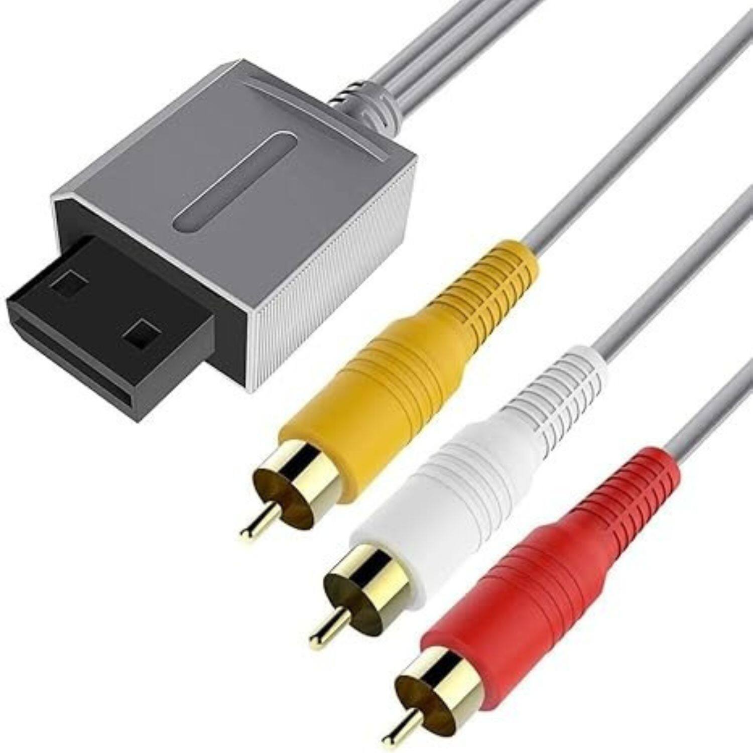 Angle. Stock Preferred - 6FT AV Composite RCA Cable - Black cable with red, white, and yellow RCA.