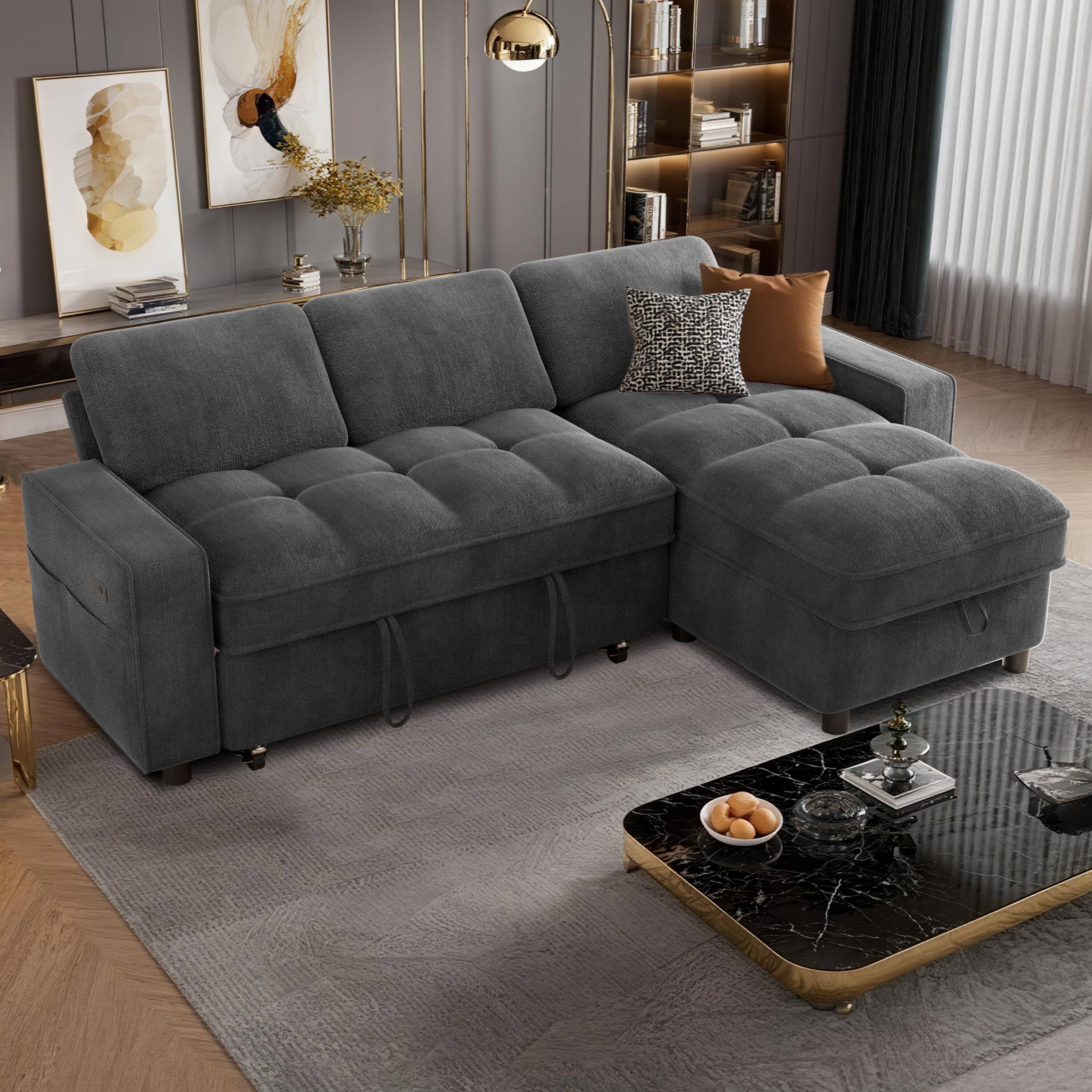 Angle. Dyonery - 81" L Shaped Couch Sleeper Sofa, Pull Out Couch with Reclining Backrest, Reversible Storage Chaise, USB Ports - Grey.